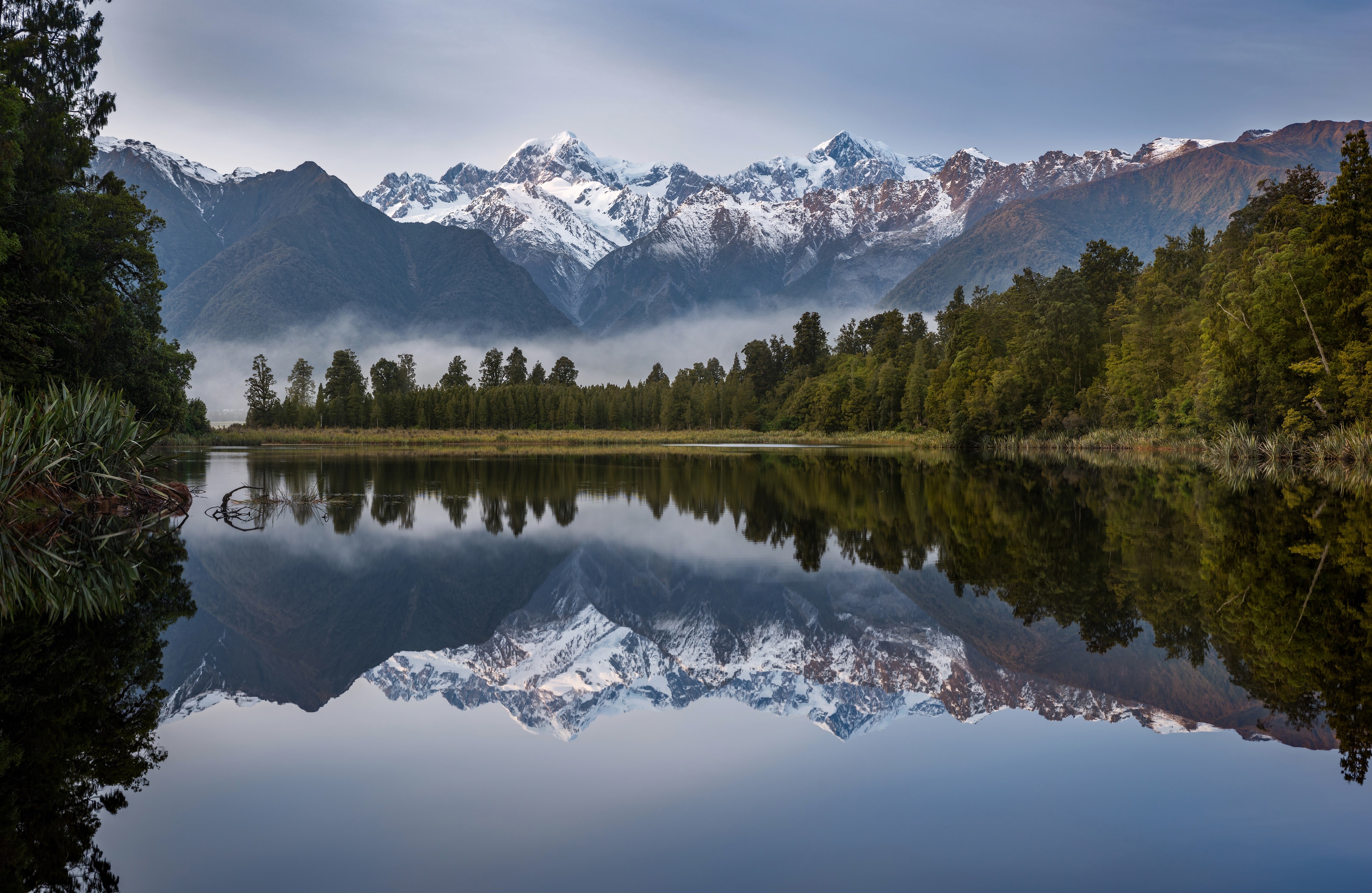 Lake Matheson New Zealand Mountains Reflection Morning HD Wallpaper