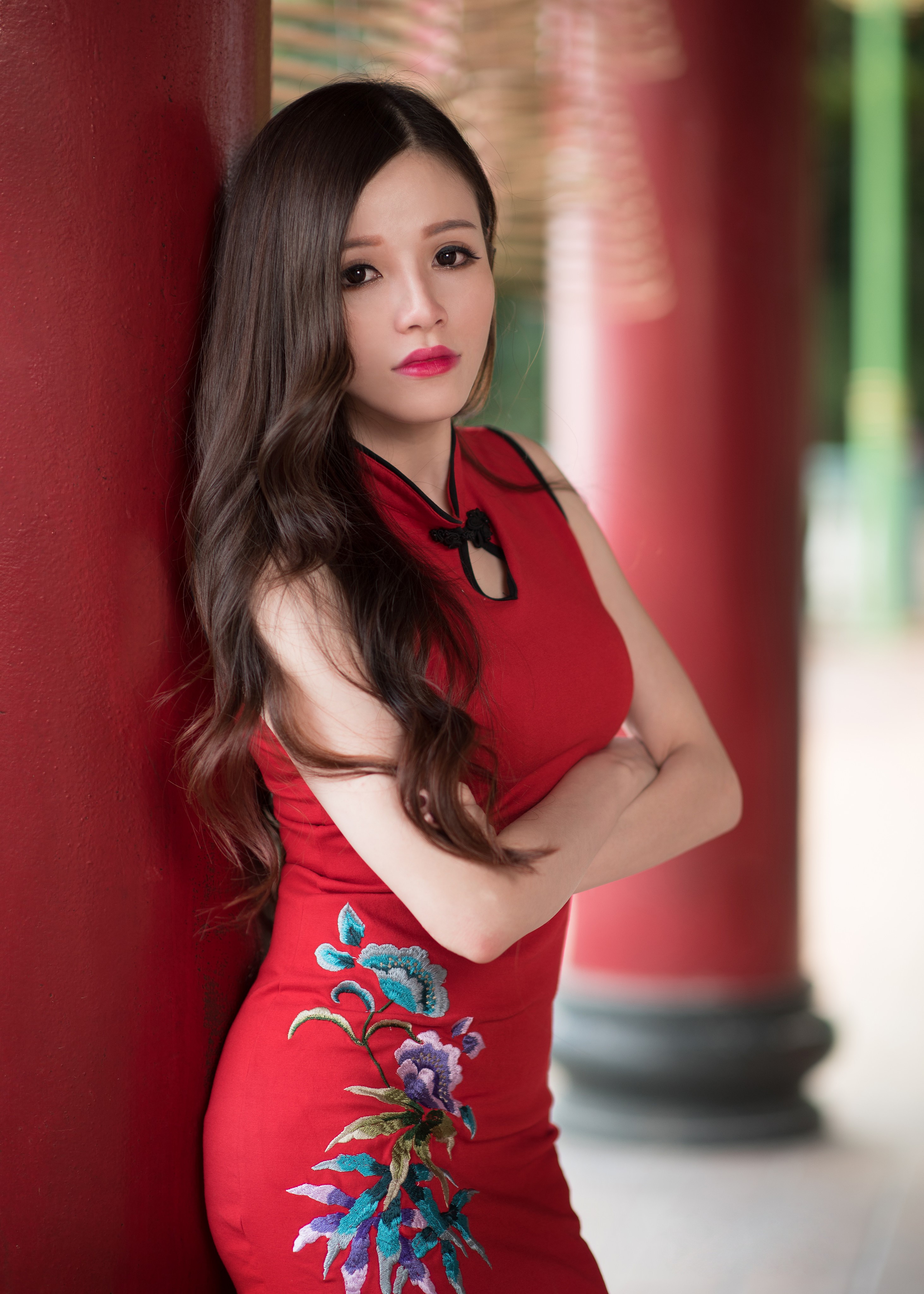 Asian Woman in Red Embroidered Dress HD Phone Wallpaper