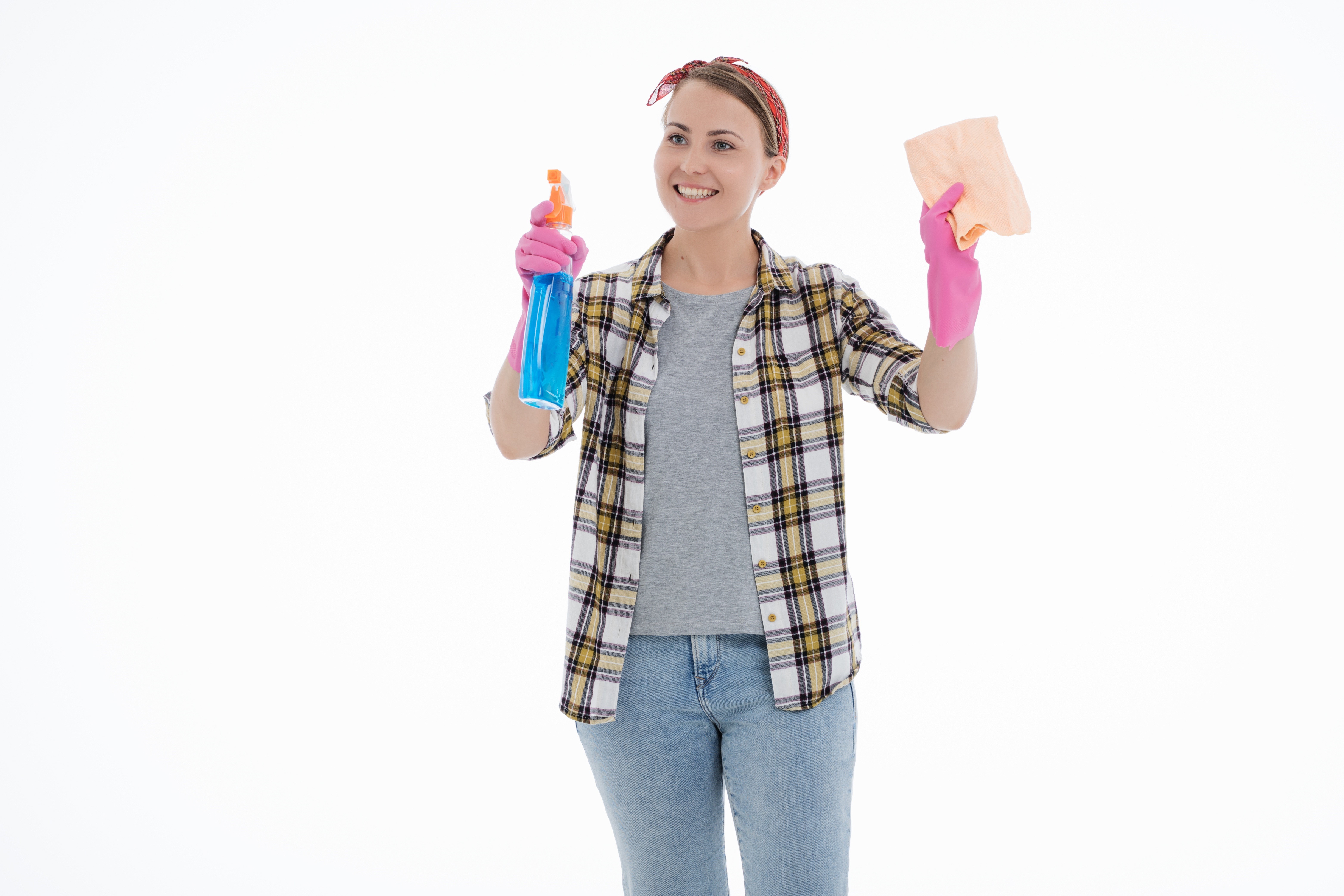 Woman in plaid shirt and jeans holding spray bottle and cloth HD Wallpaper
