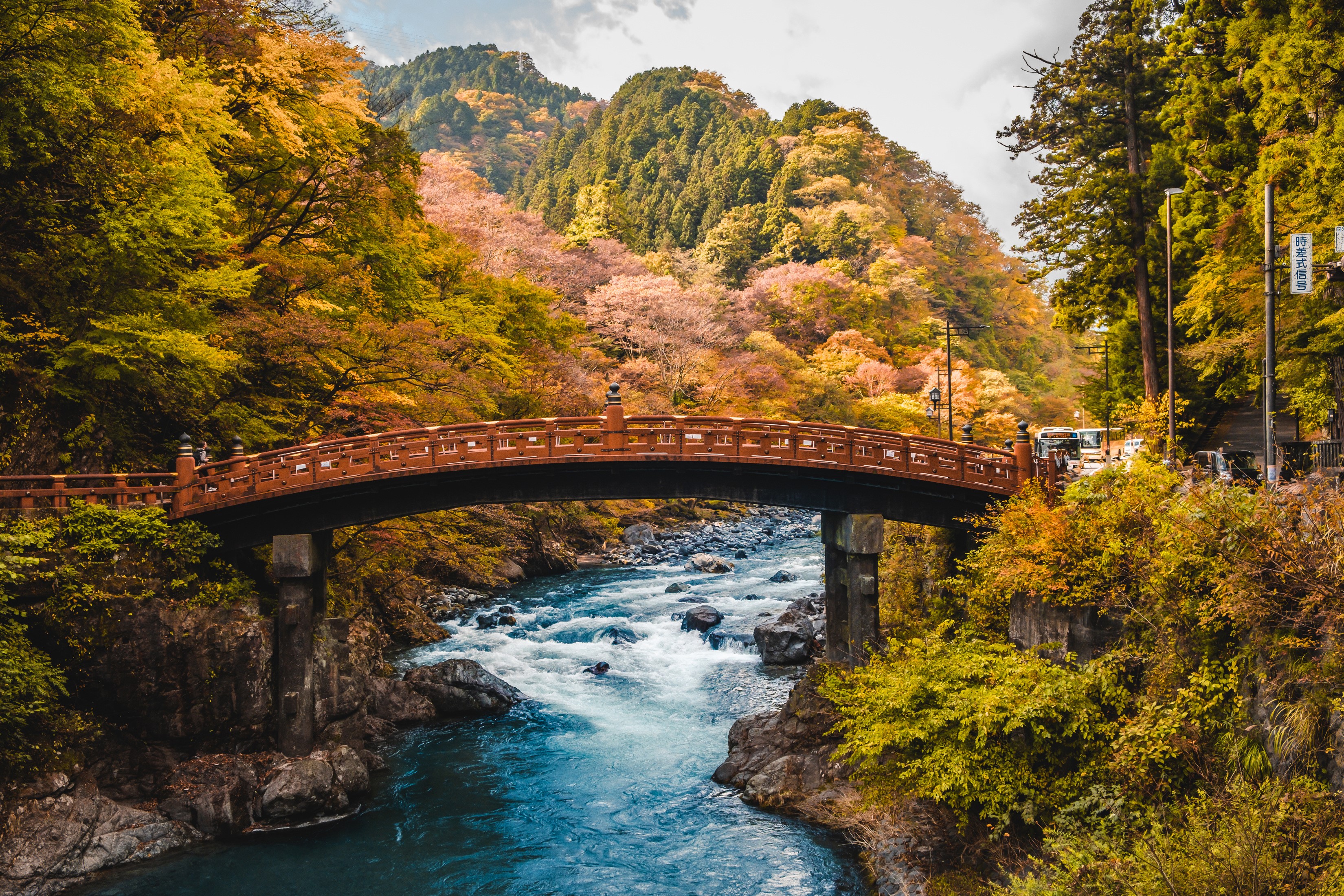 Shinkyo Bridge over Daiya River in Nikko, Japan during Autumn HD Wallpaper