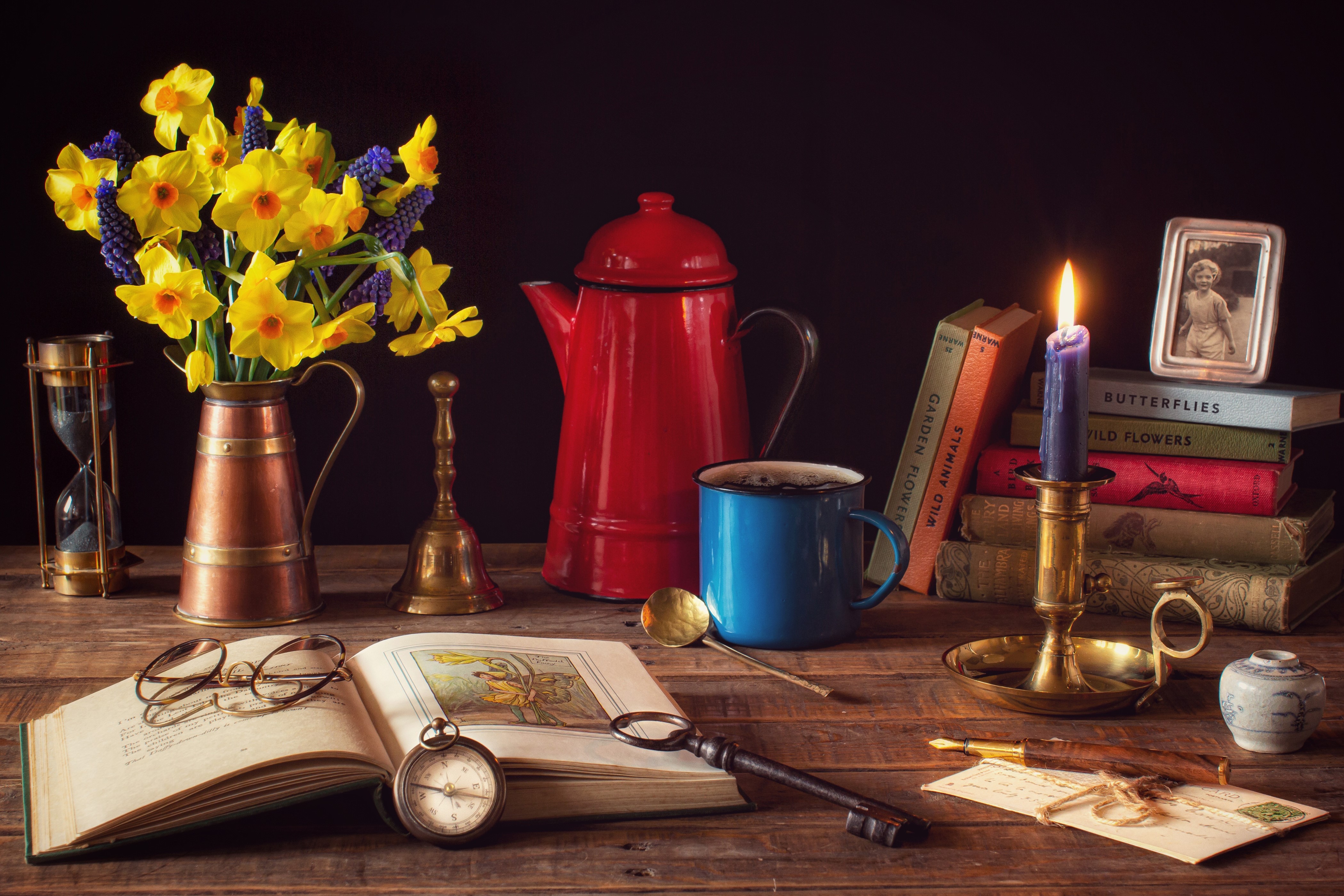 Still-life with Daffodils, Kettle, Candle, and Books HD Wallpaper