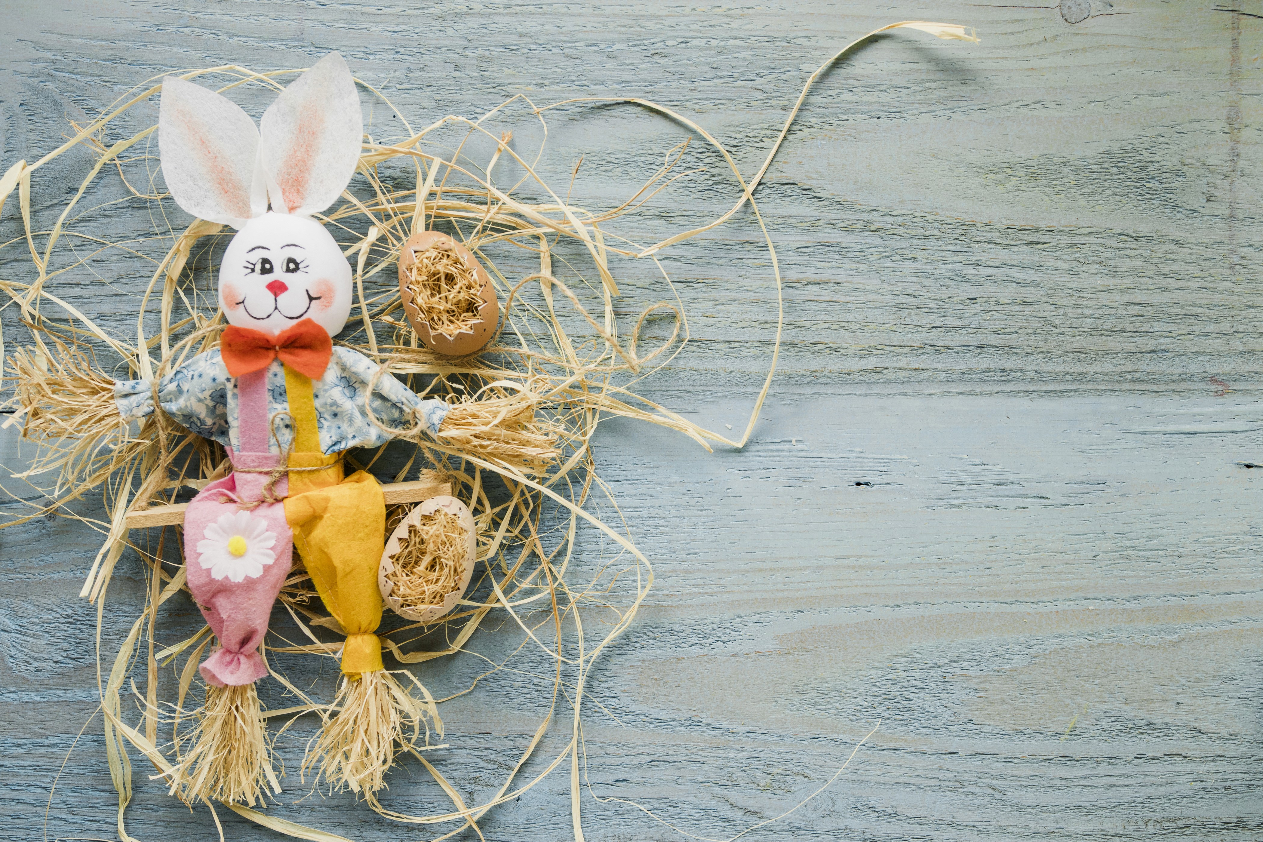 Easter bunny scarecrow with straw and eggs on wood HD Wallpaper