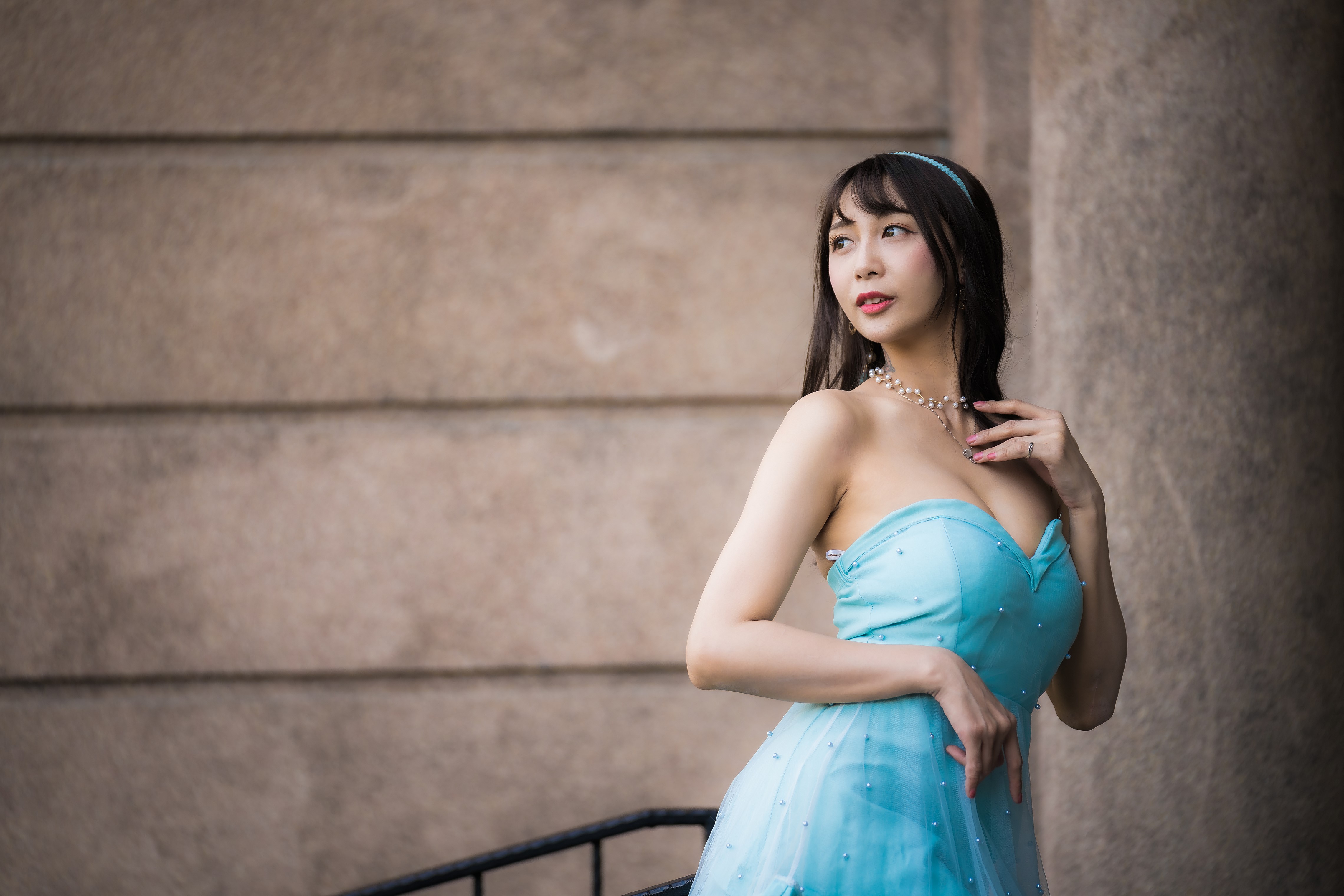 Asian woman in blue dress with pearl necklace HD Wallpaper