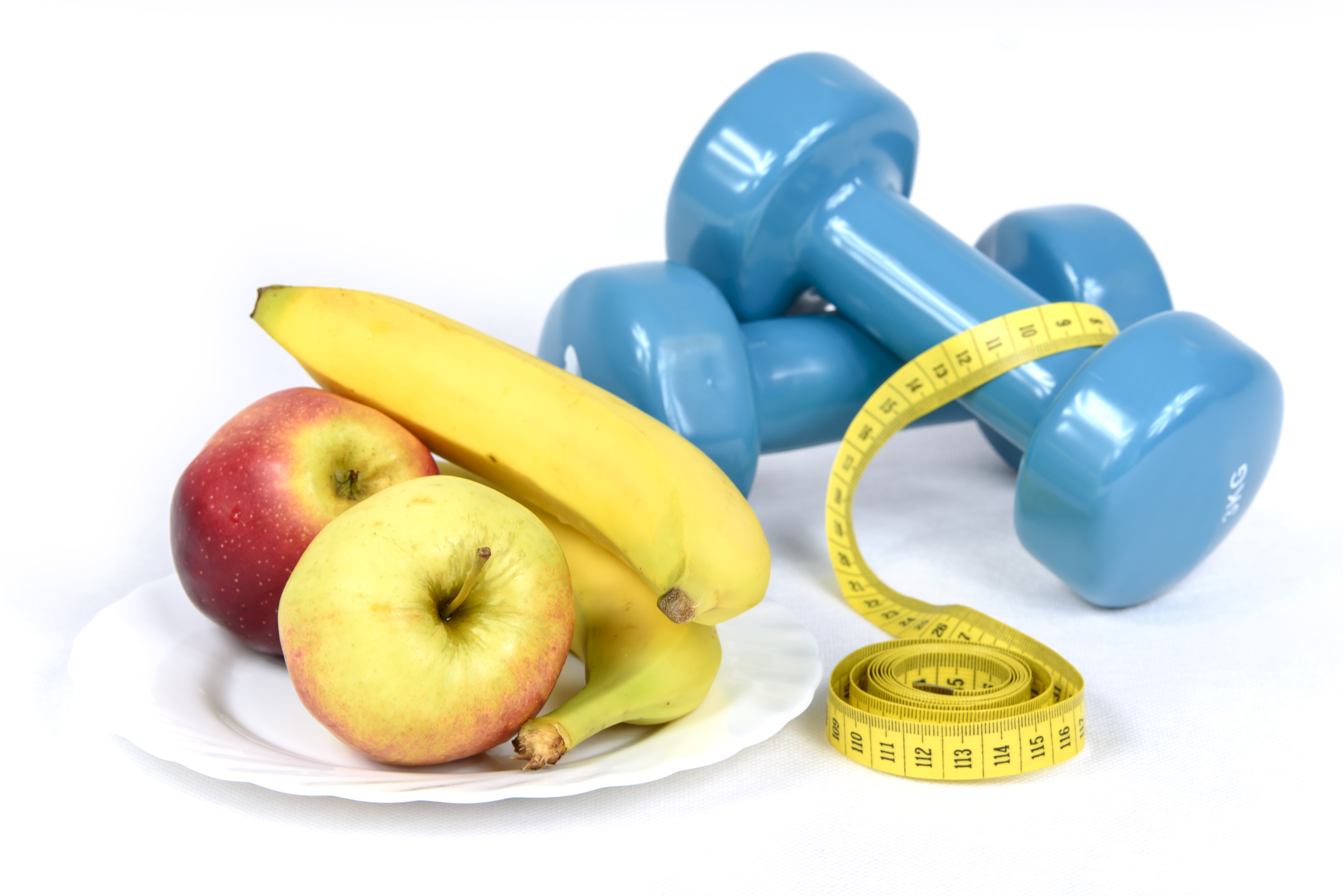 Apples, Bananas, Dumbbells, and Tape Measure on Plate HD Wallpaper