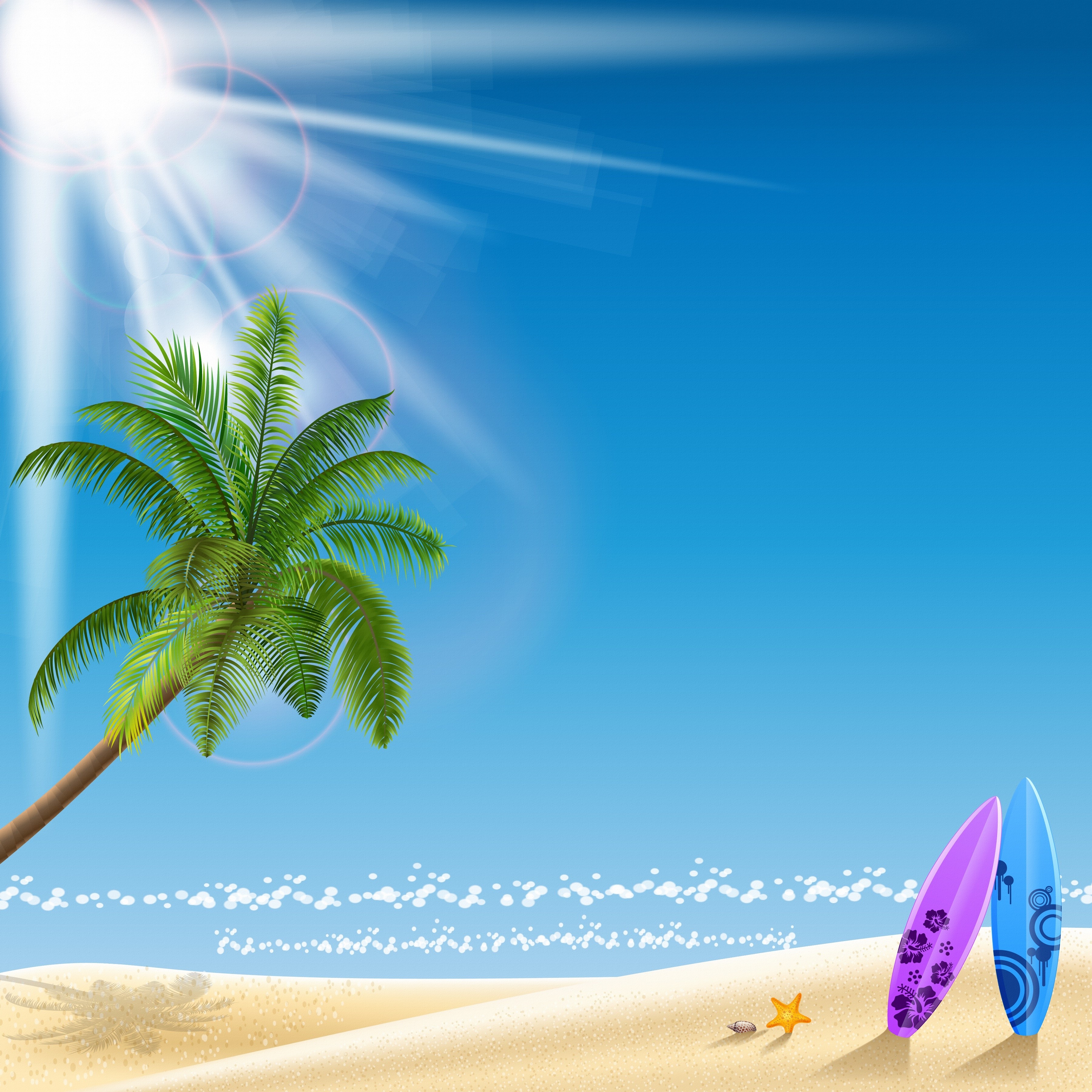 Beach scene with palm tree and surfboards HD Wallpaper