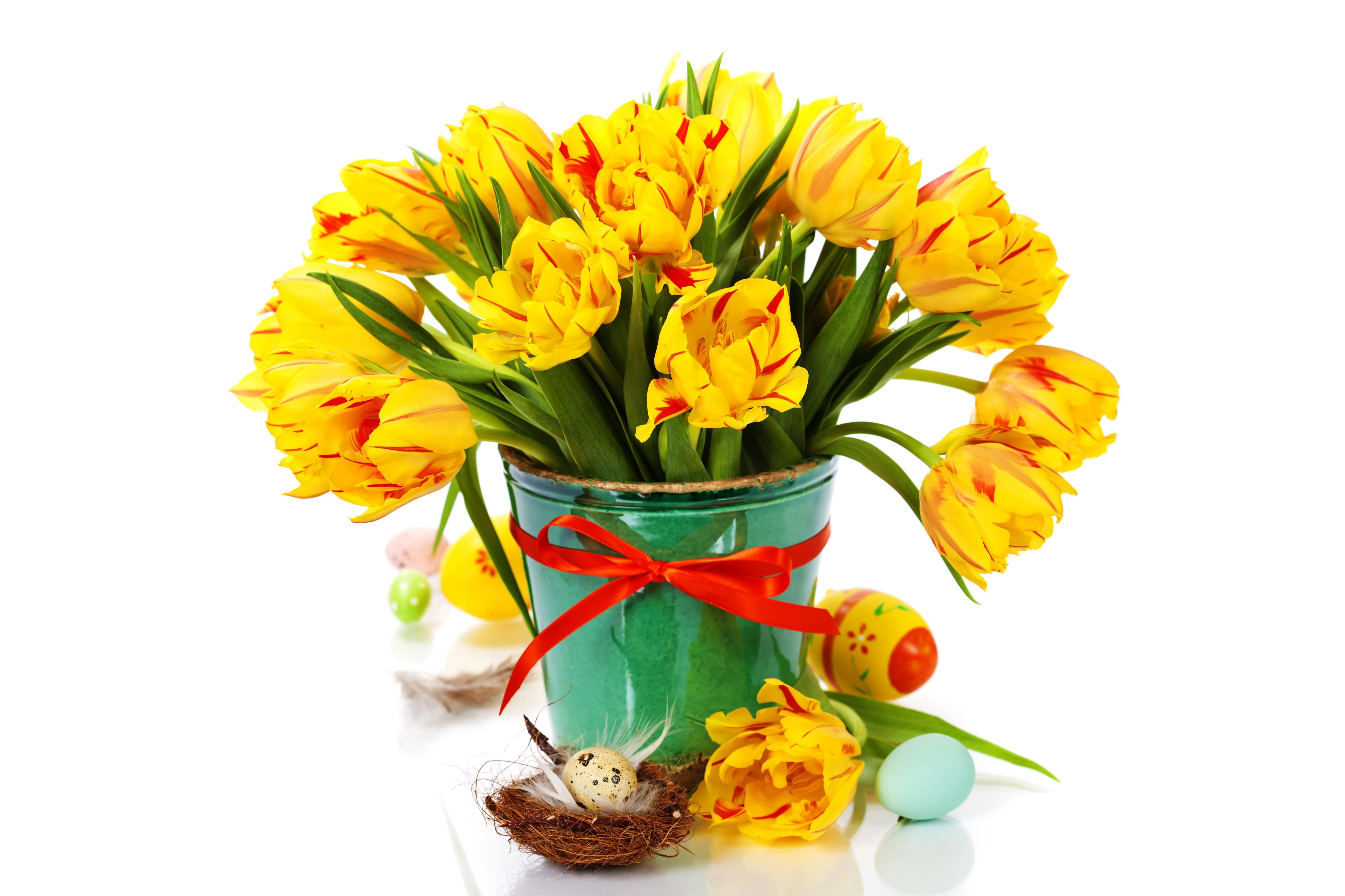 Easter Tulips in a Green Bucket with Eggs HD Wallpaper