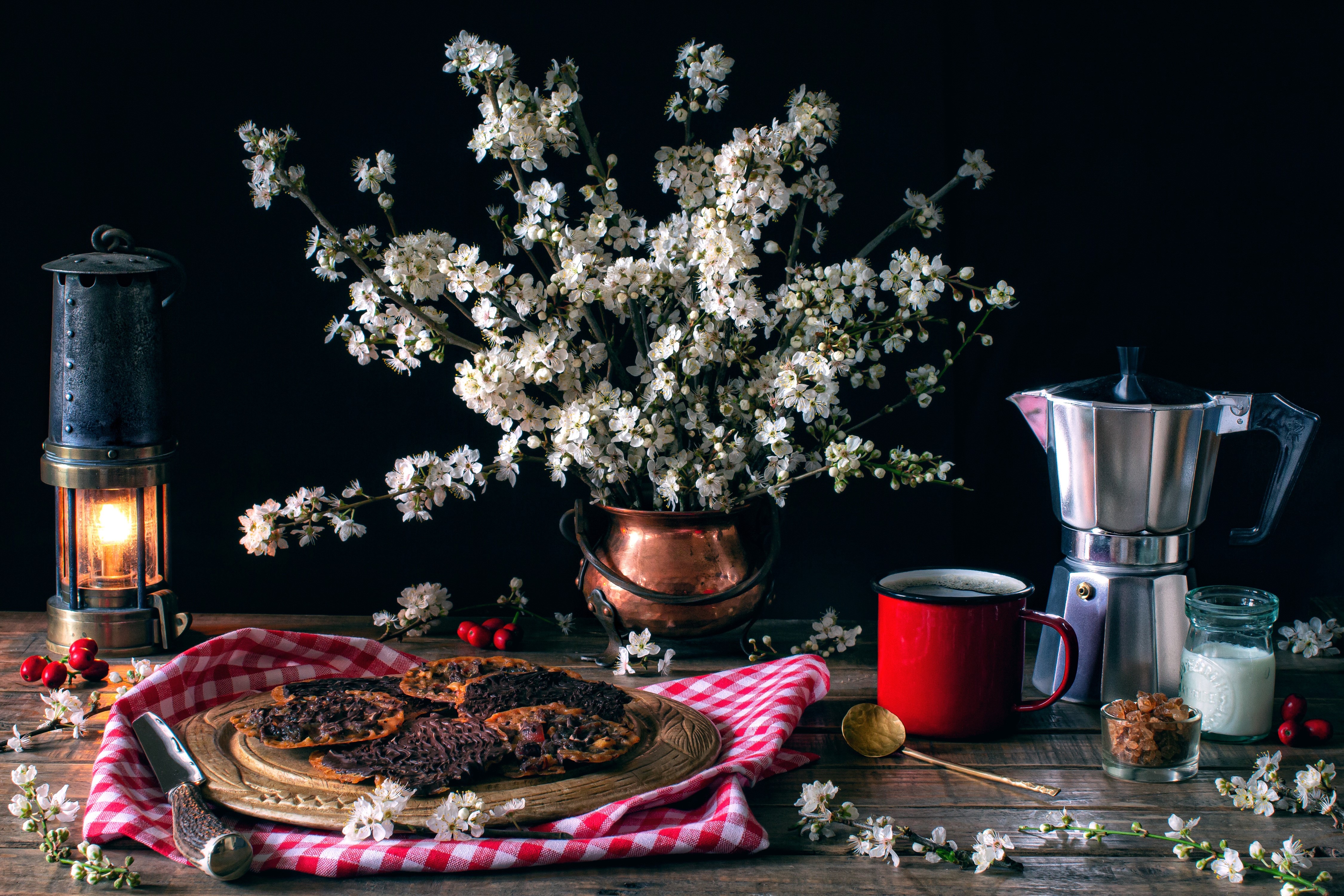 Still-life with flowering branches, coffee, and pastries HD Wallpaper