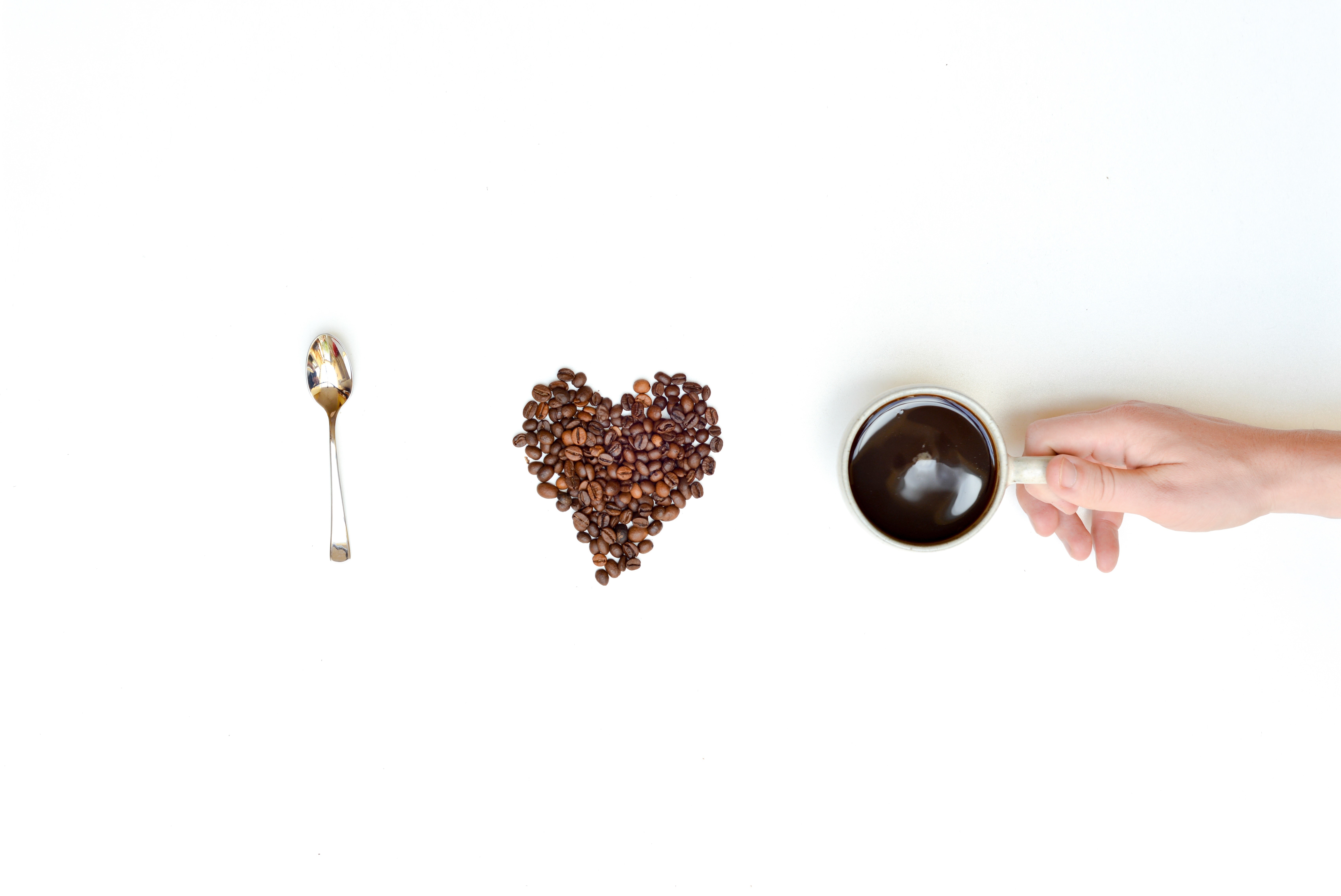 Spoon, Heart of Coffee Beans, and Coffee Cup HD Wallpaper