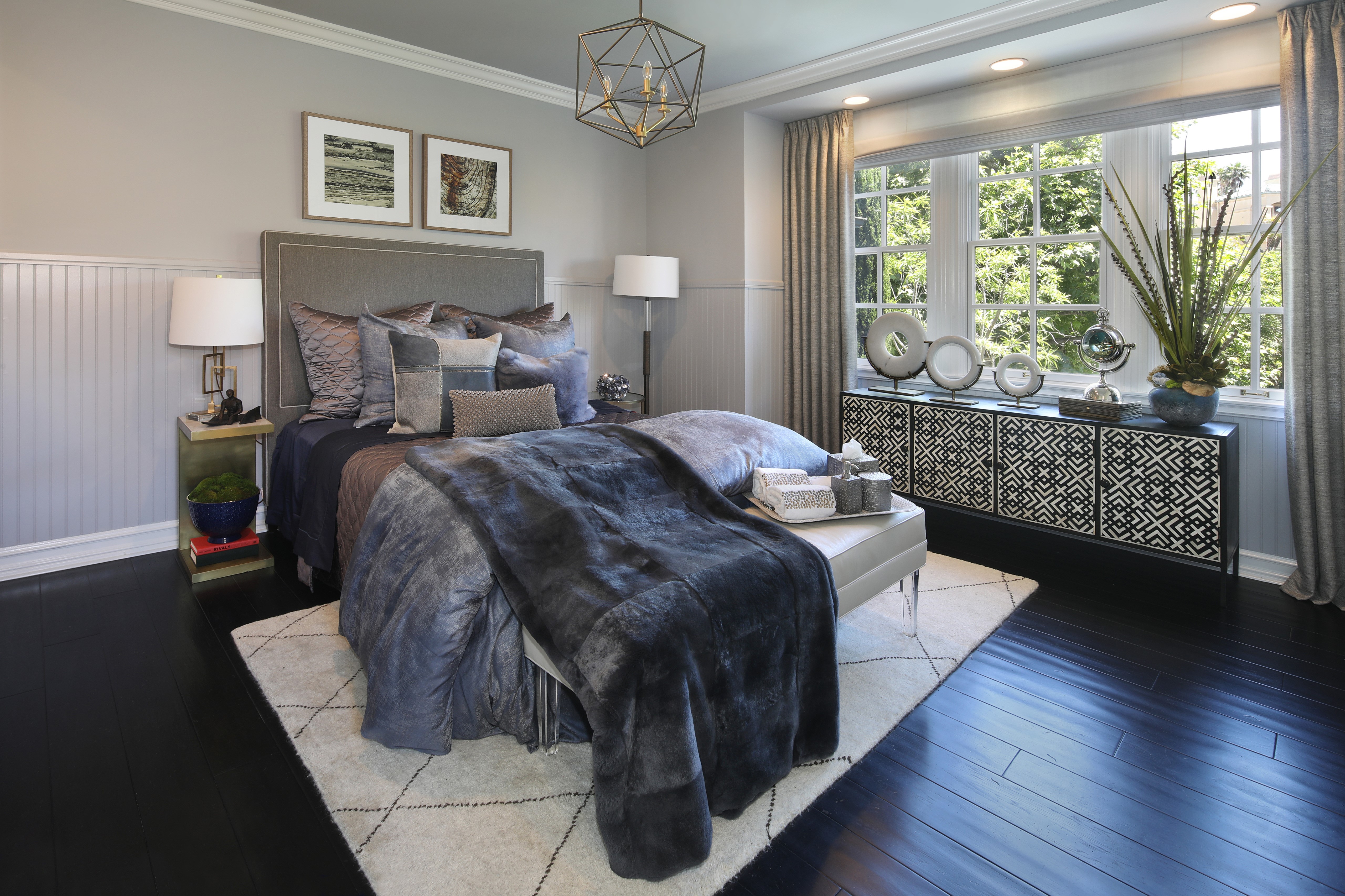 Modern Bedroom with Gray Bedding and Geometric Cabinet HD Wallpaper