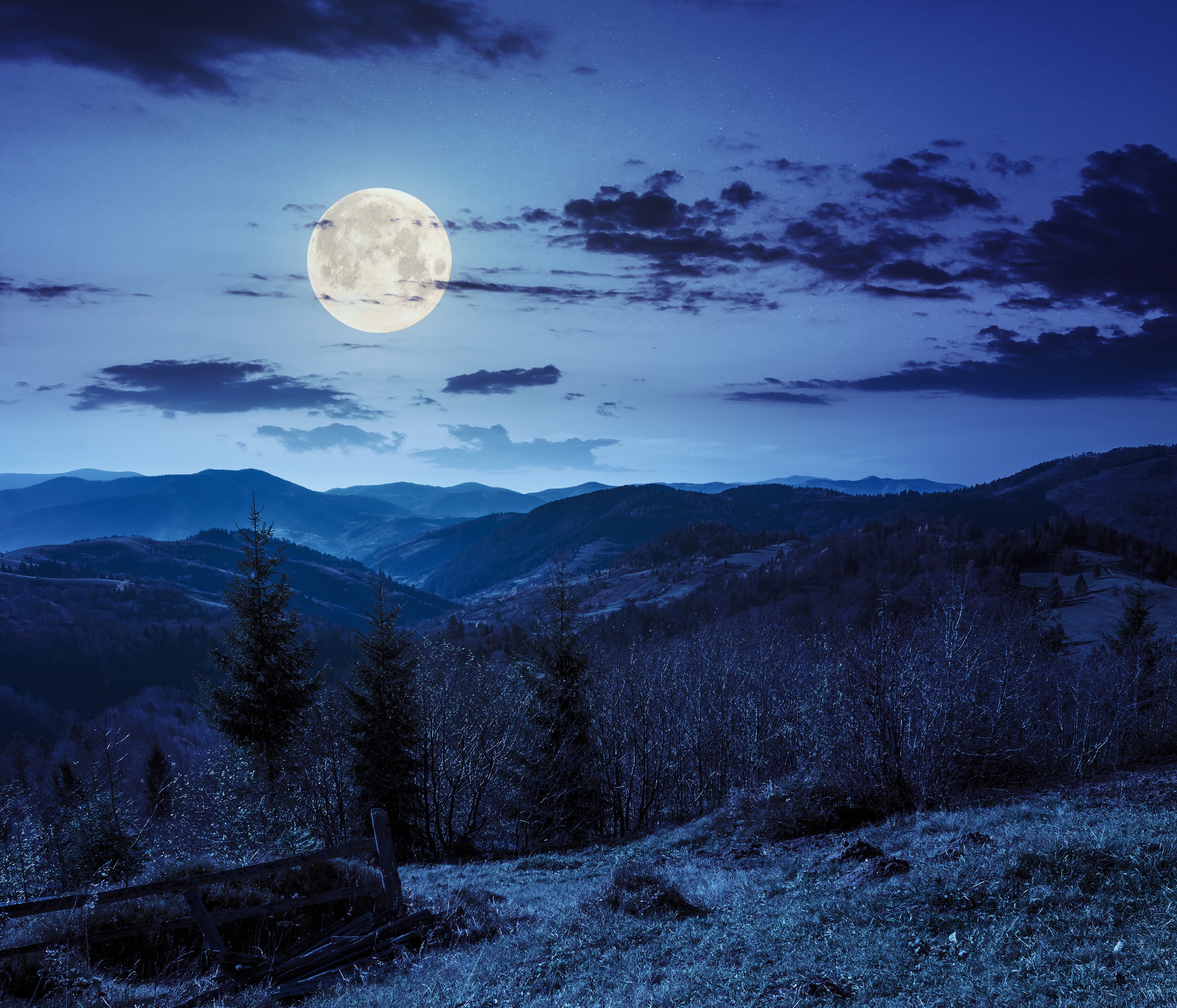 Full moon over mountains at night HD Wallpaper