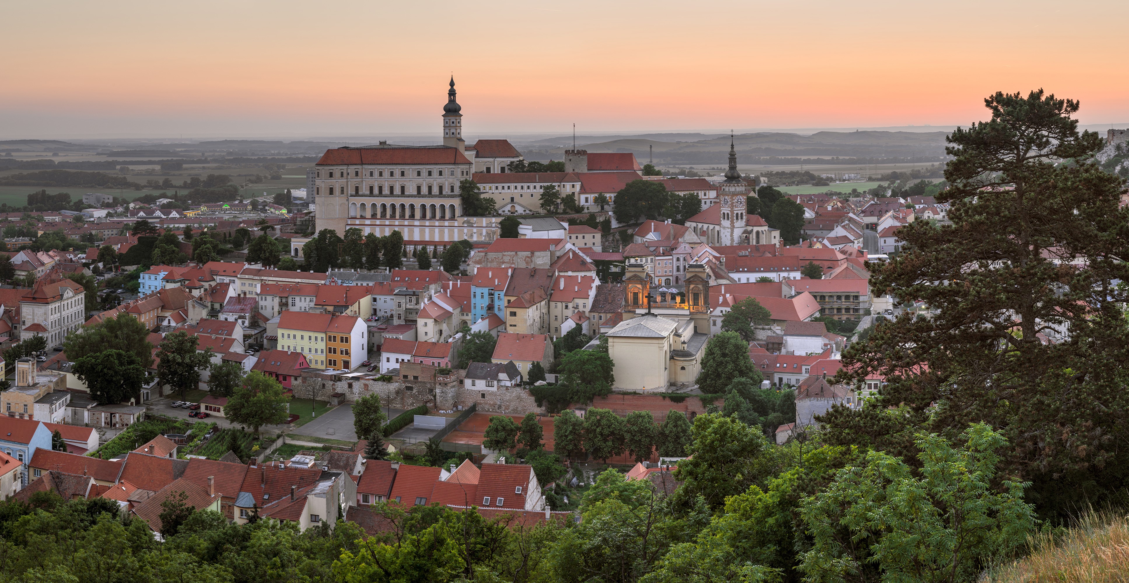 Mikulov, Czech Republic: Townscape with Castle at Sunset HD Wallpaper