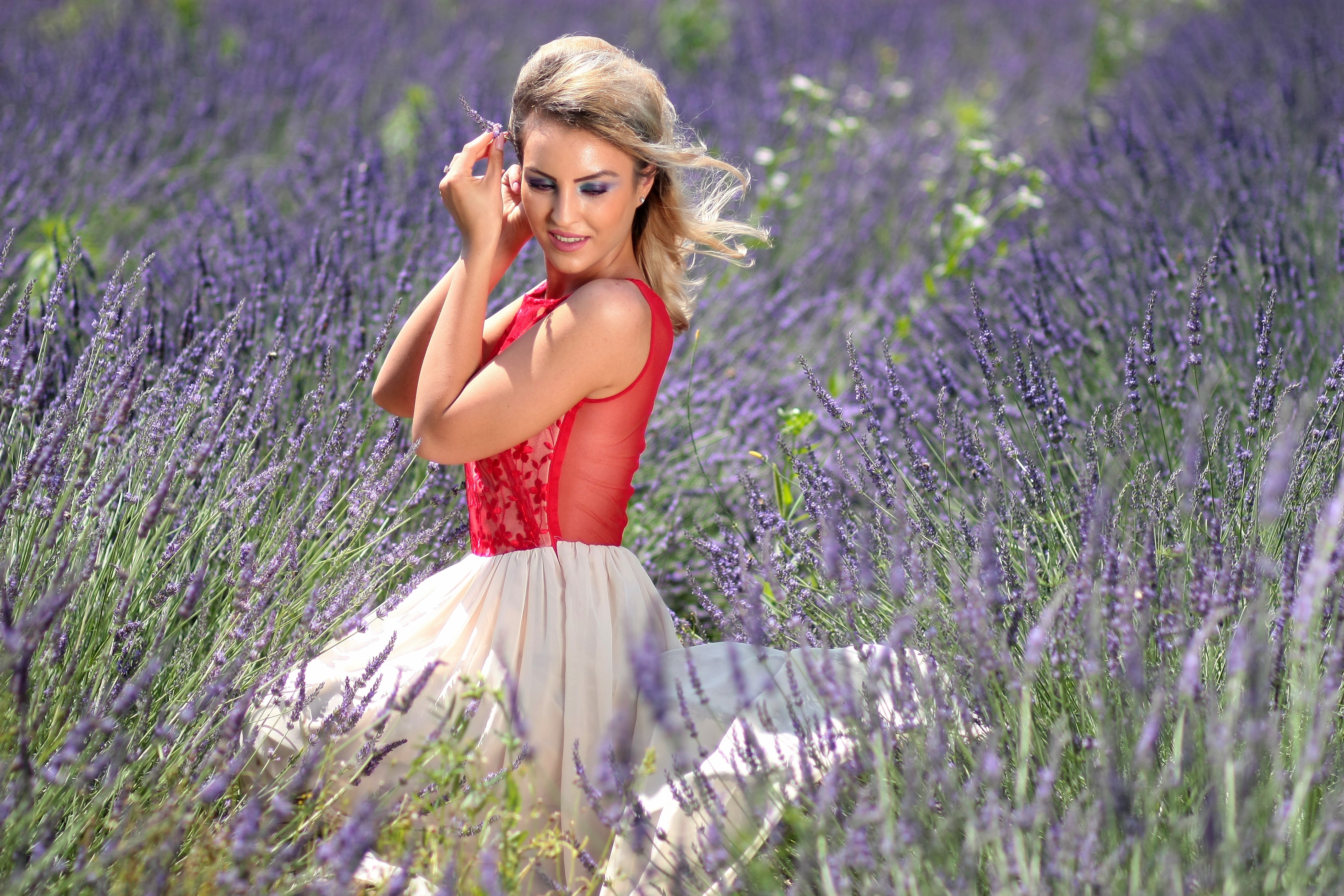Blonde girl in red and beige dress in lavender field HD Wallpaper