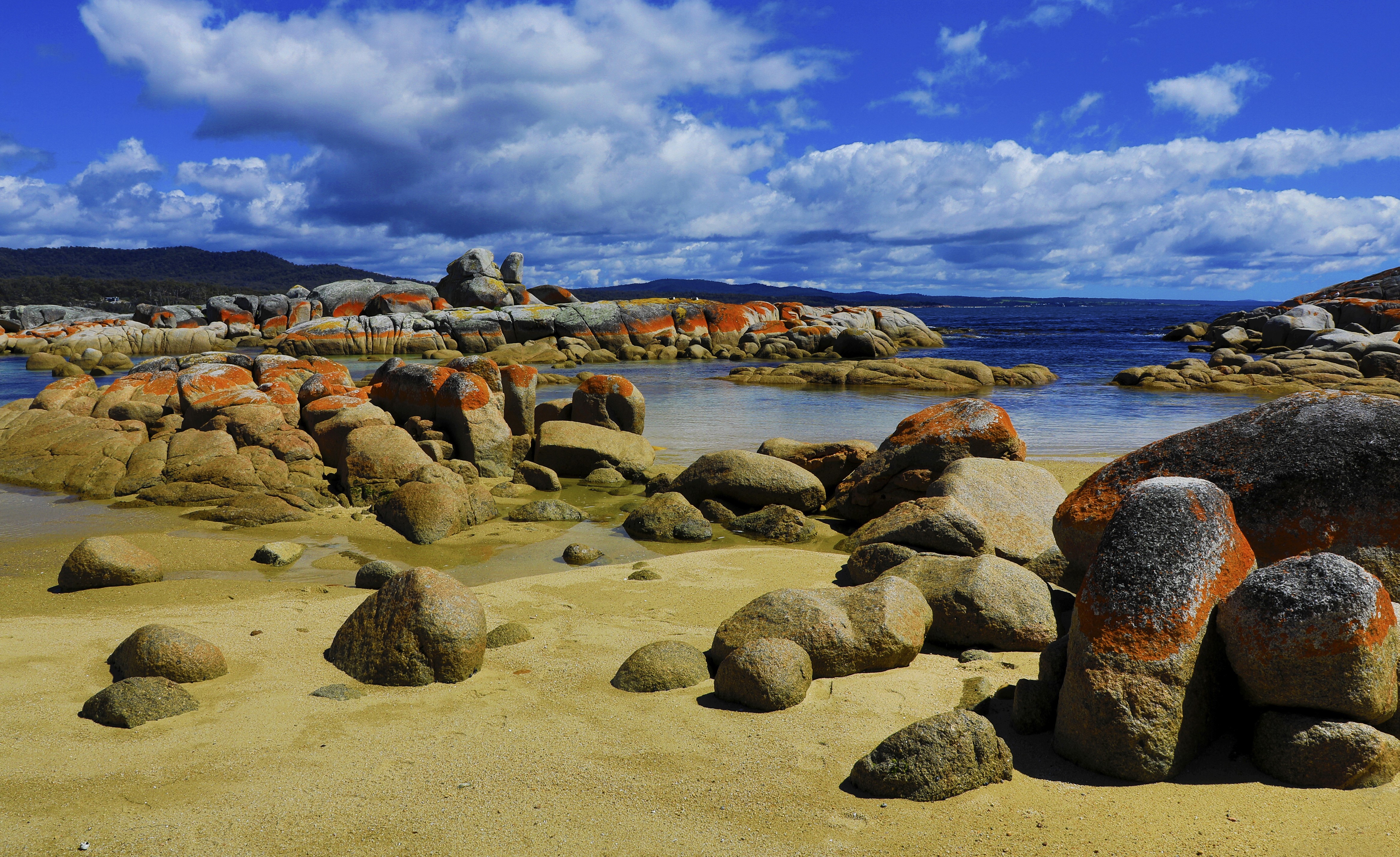 4K Tasmania Australia Coast Stones Sky Clouds HD Wallpaper