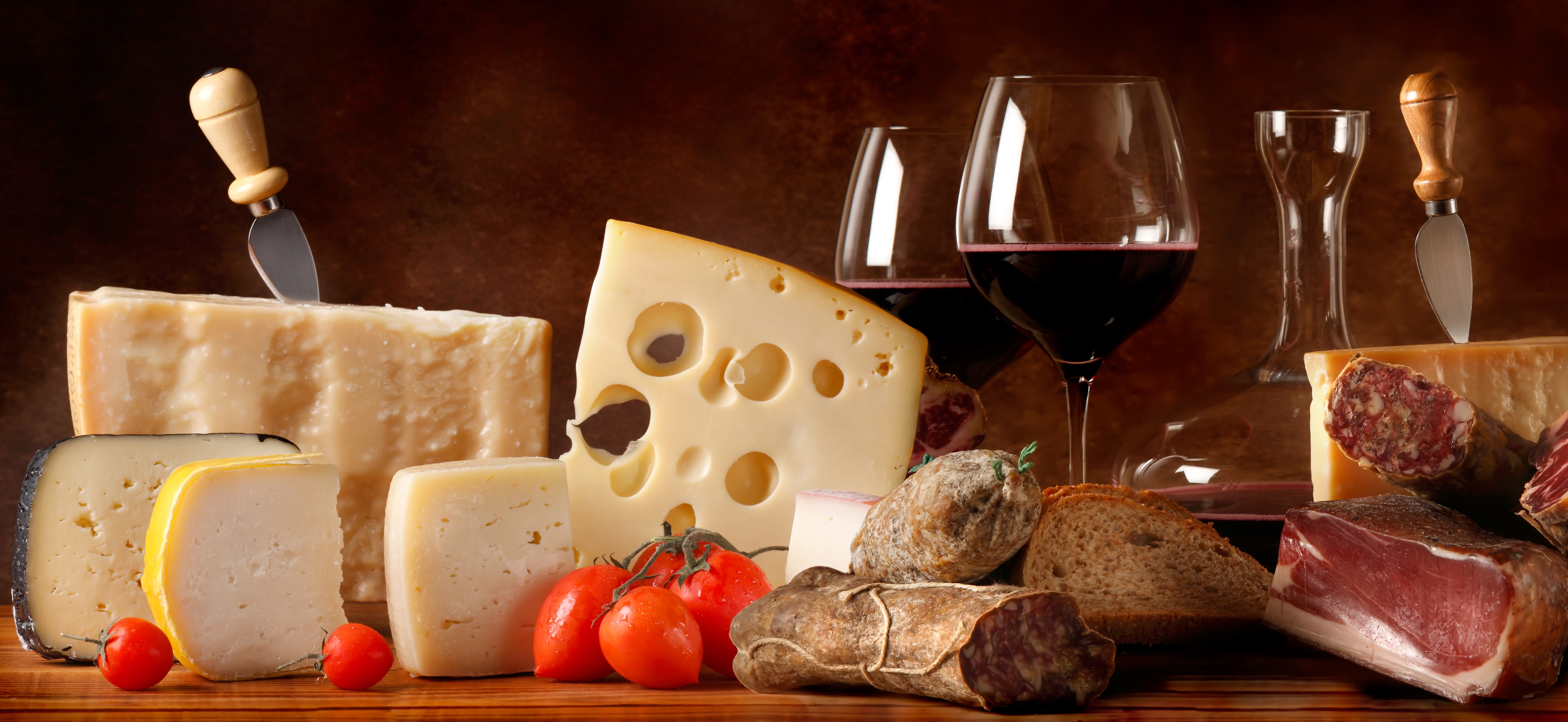 Cheese, Tomatoes, Wine, Ham, Sausage, Bread, Stemware HD Wallpaper