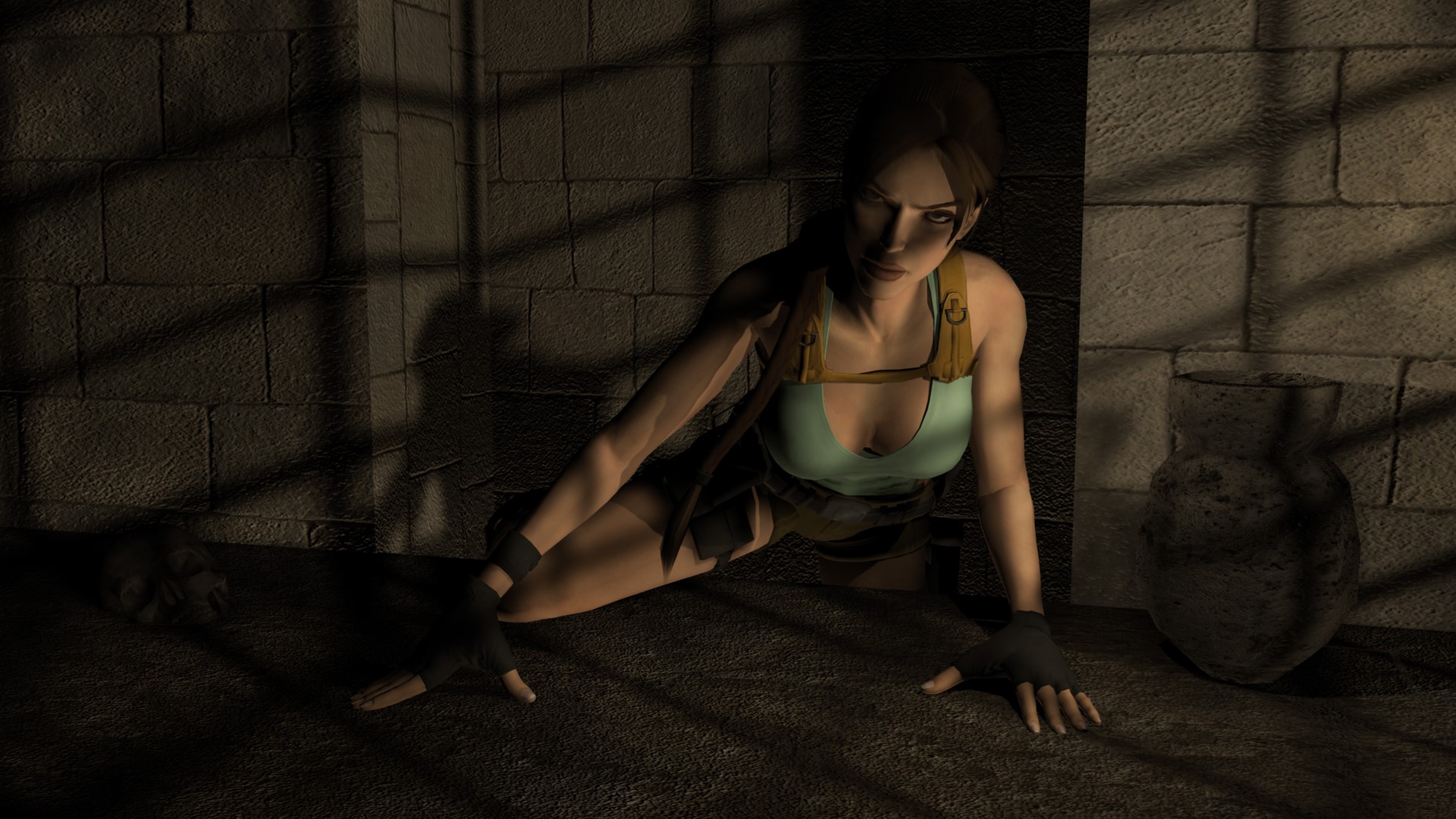 Lara Croft from Tomb Raider Legend in a stone room HD Wallpaper