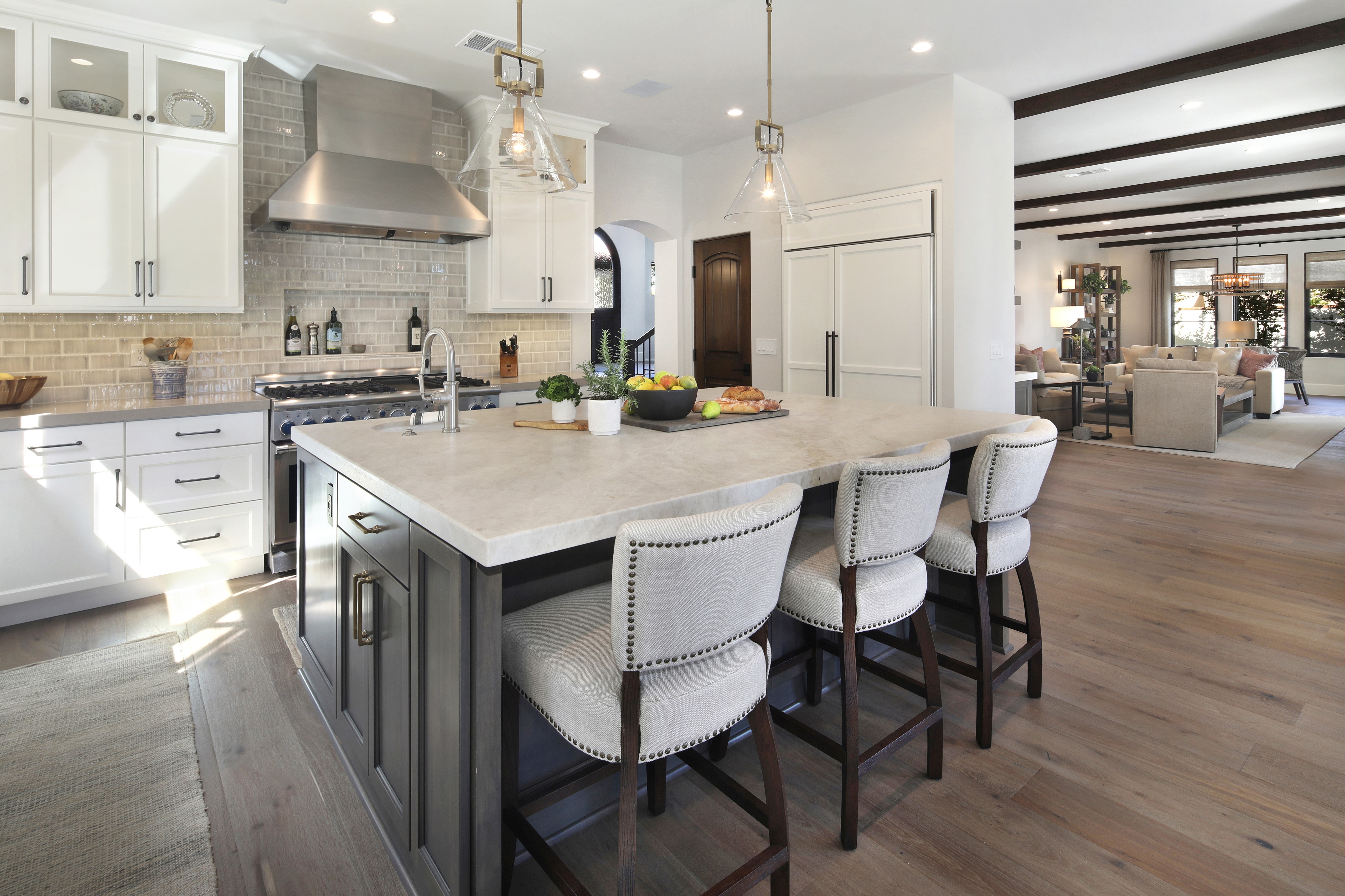 Kitchen with Island and Living Area HD Wallpaper