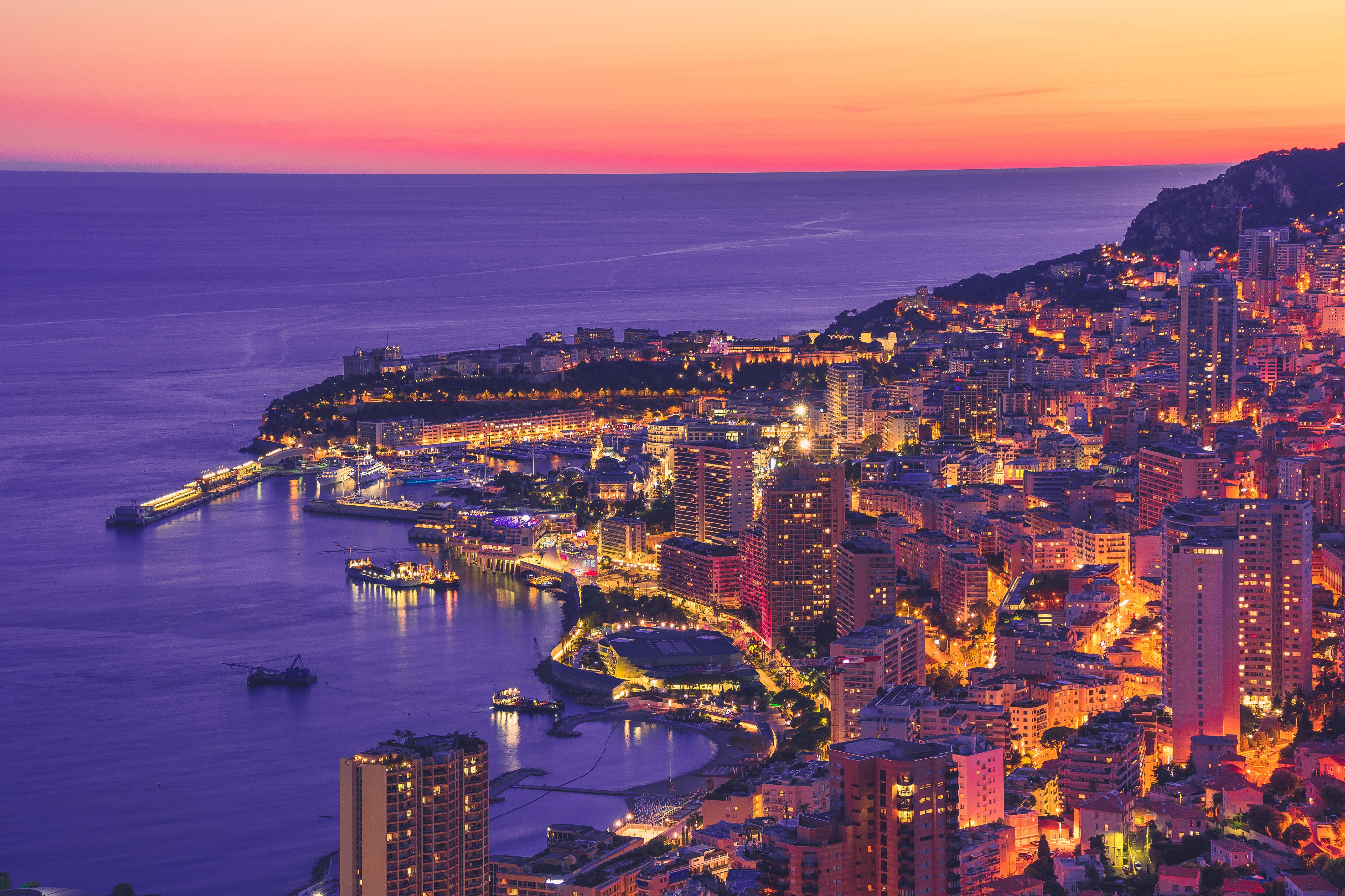 Monaco Monte Carlo coast at sunset from above HD Wallpaper