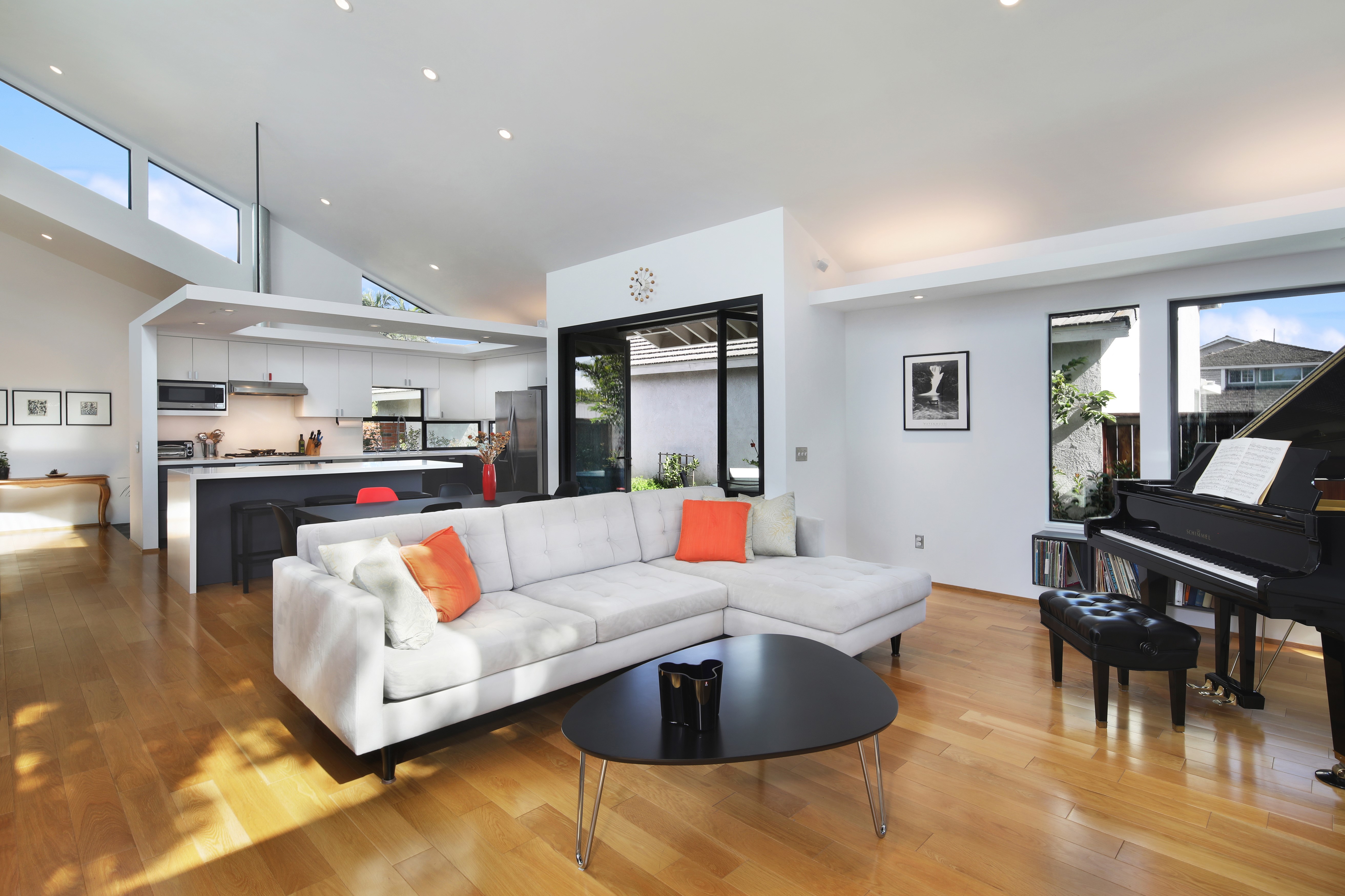 Living room with grand piano and sofa HD Wallpaper