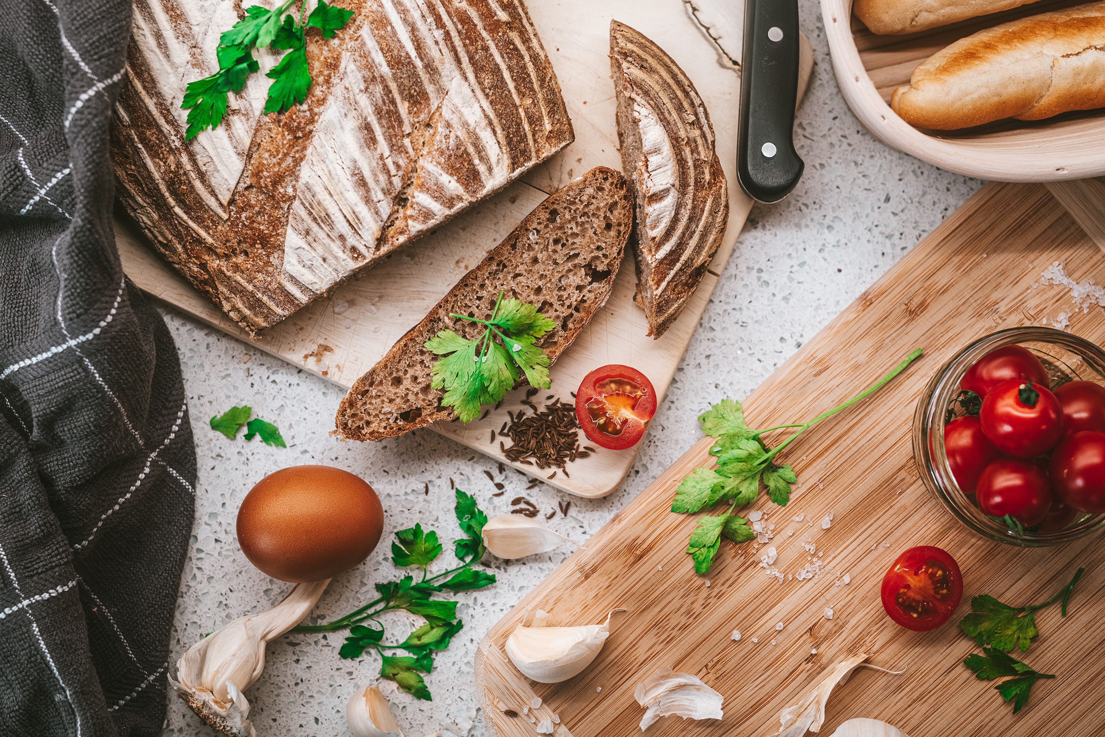 Bread, Tomatoes, Garlic, Egg, and Cutting Board HD Wallpaper
