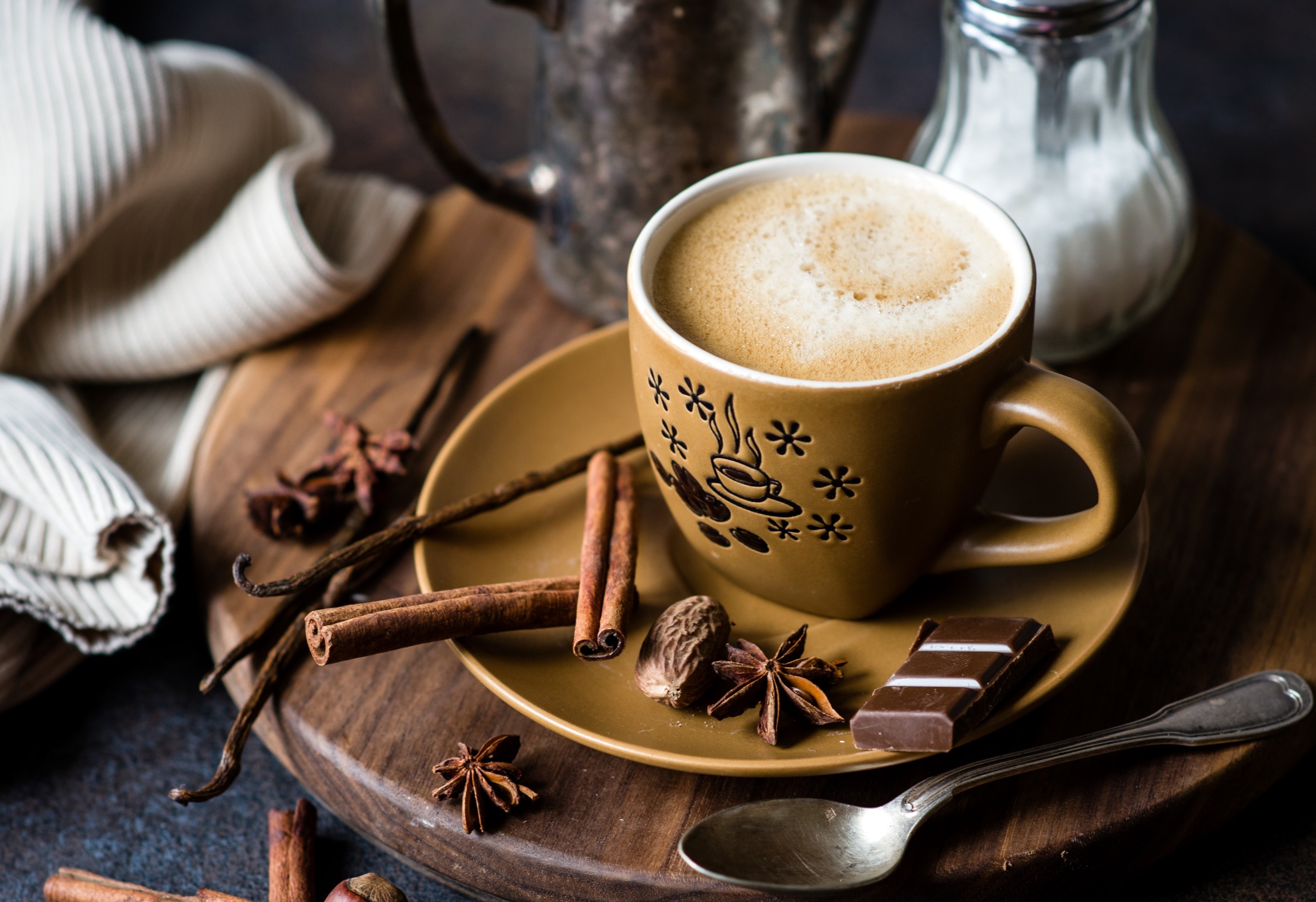 Coffee with cinnamon, star anise, and chocolate HD Wallpaper
