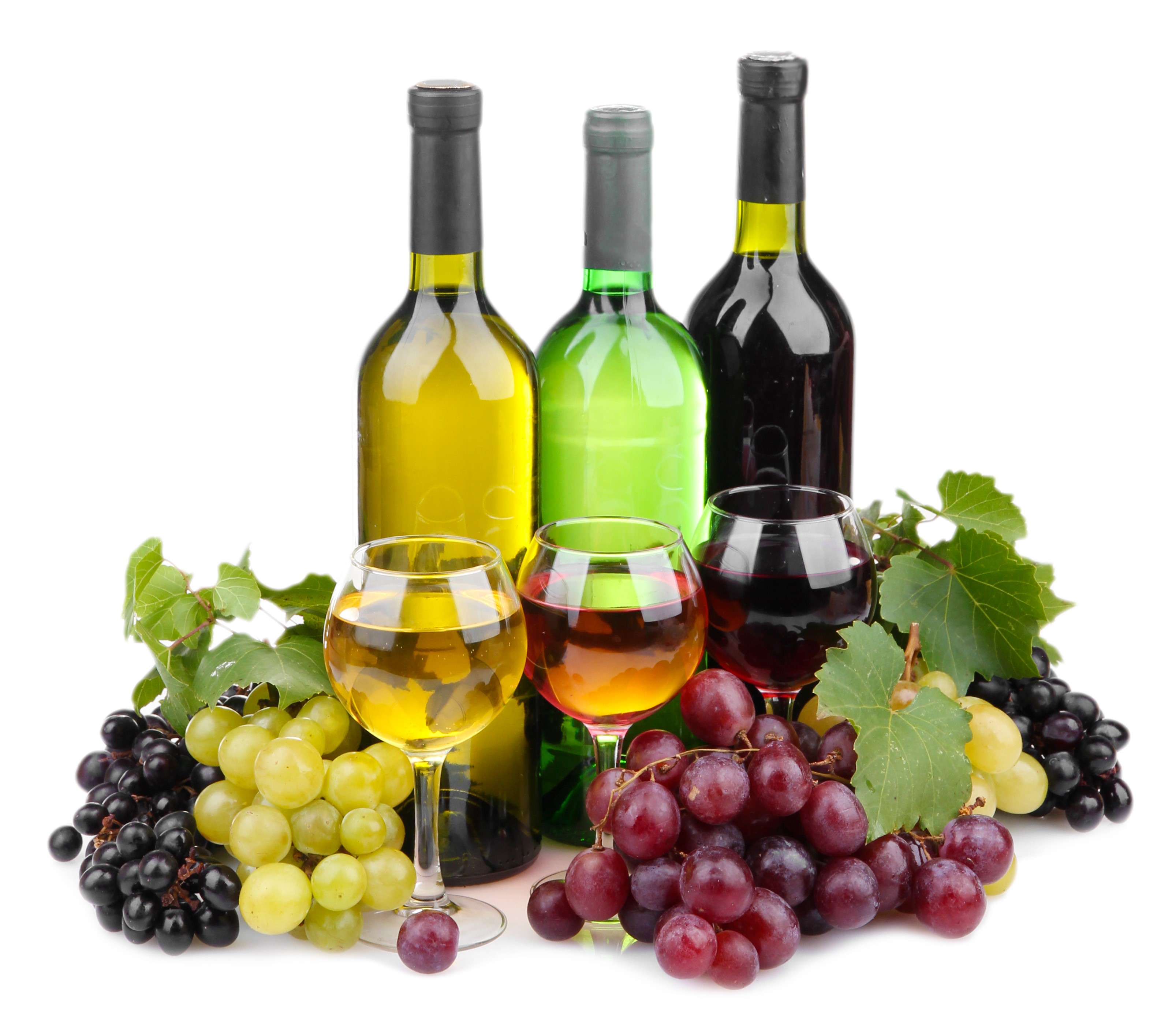 Bottles and glasses of wine with grapes HD Wallpaper