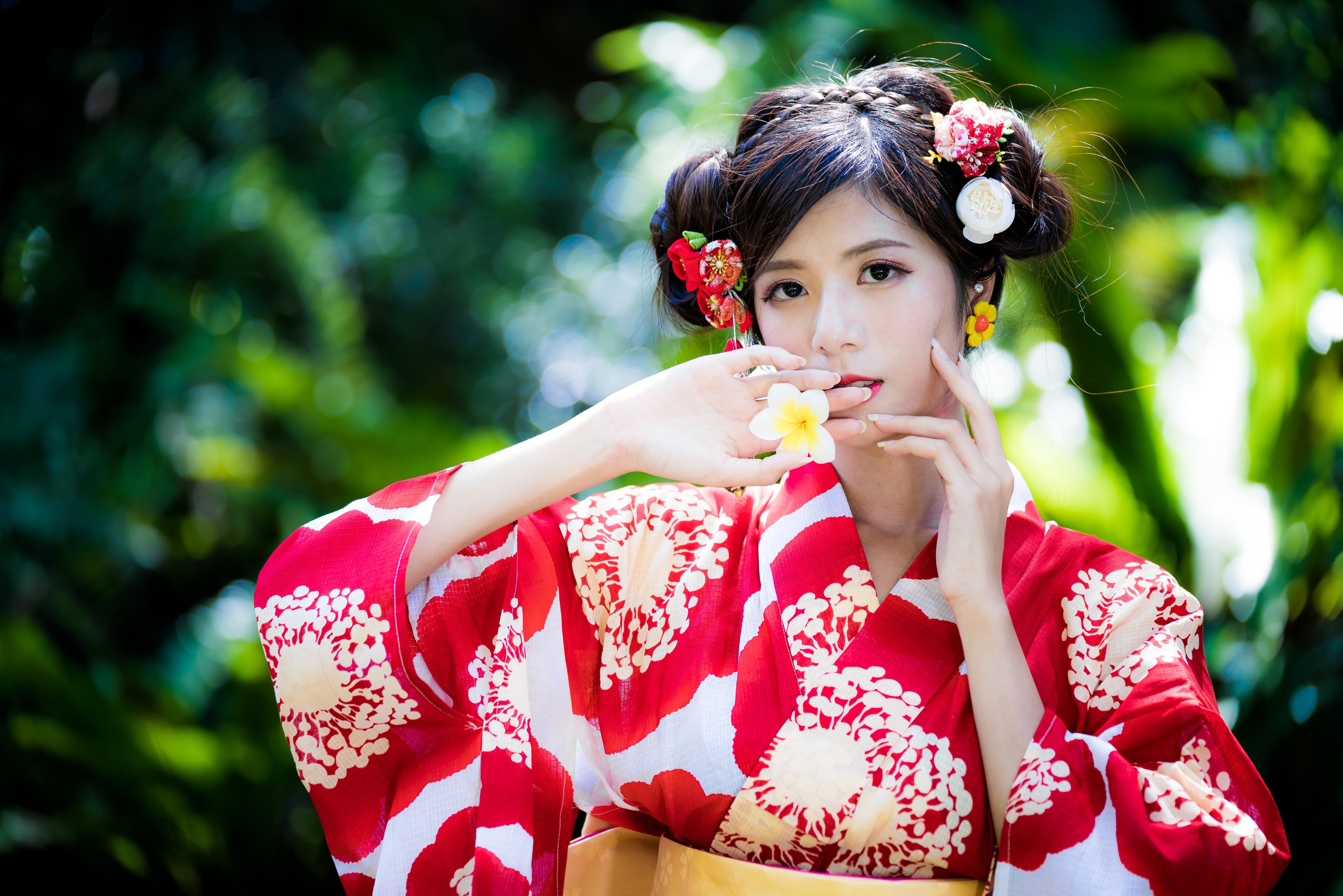 Woman in Red Kimono with Flowers HD Wallpaper