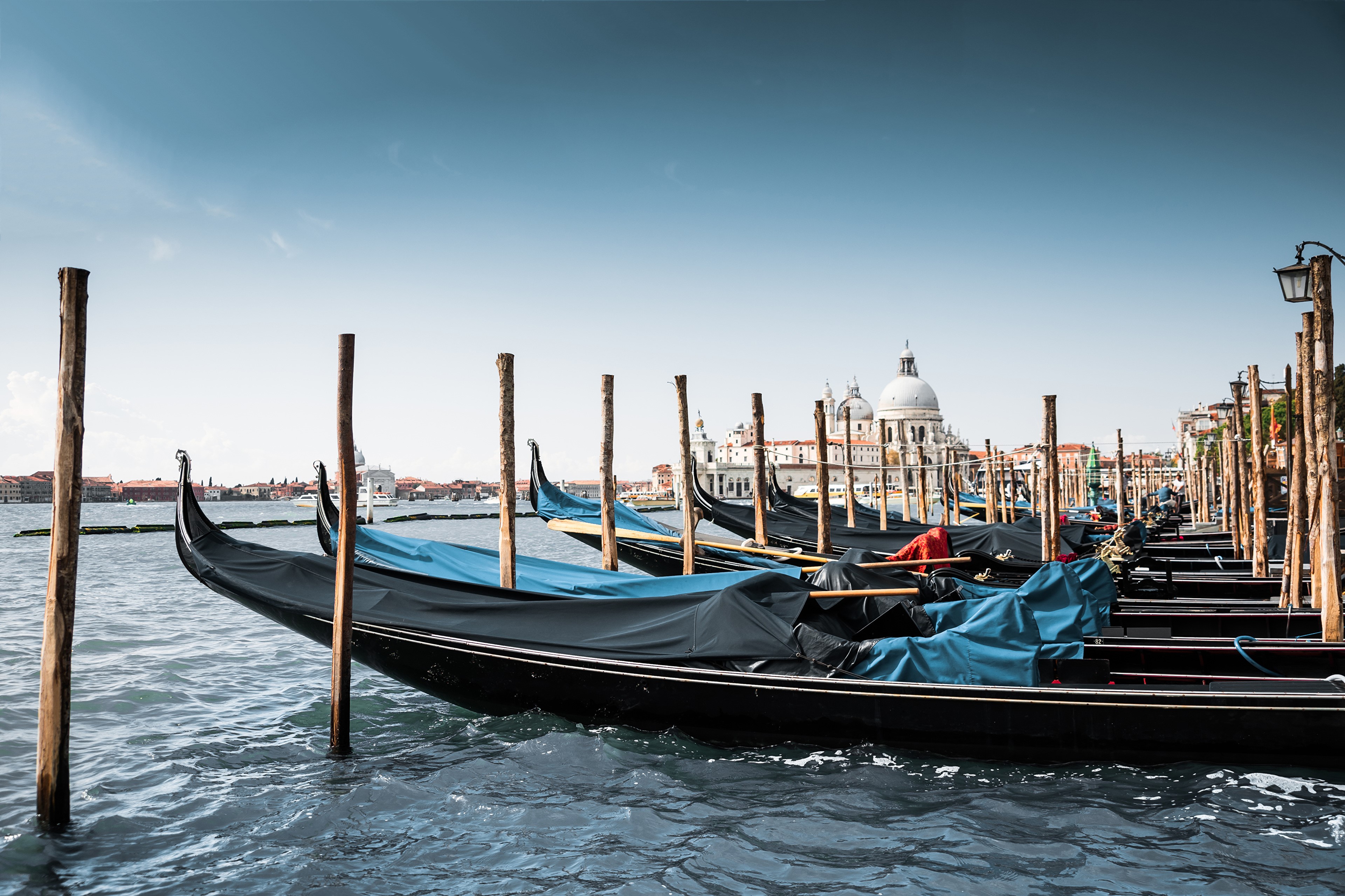 Gondolas docked in Venice, Italy HD Wallpaper