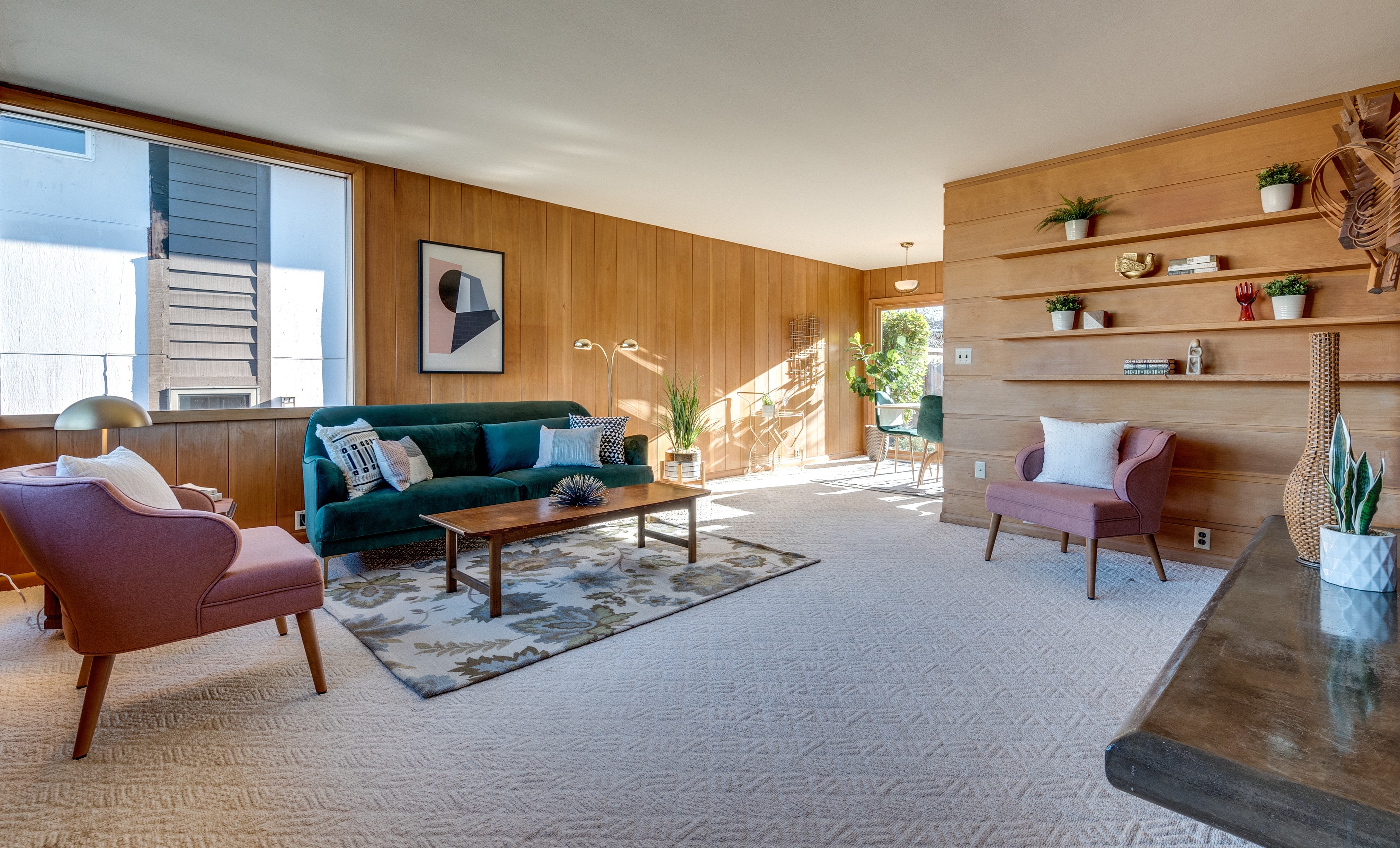 Living room with wood paneling and furniture HD Wallpaper