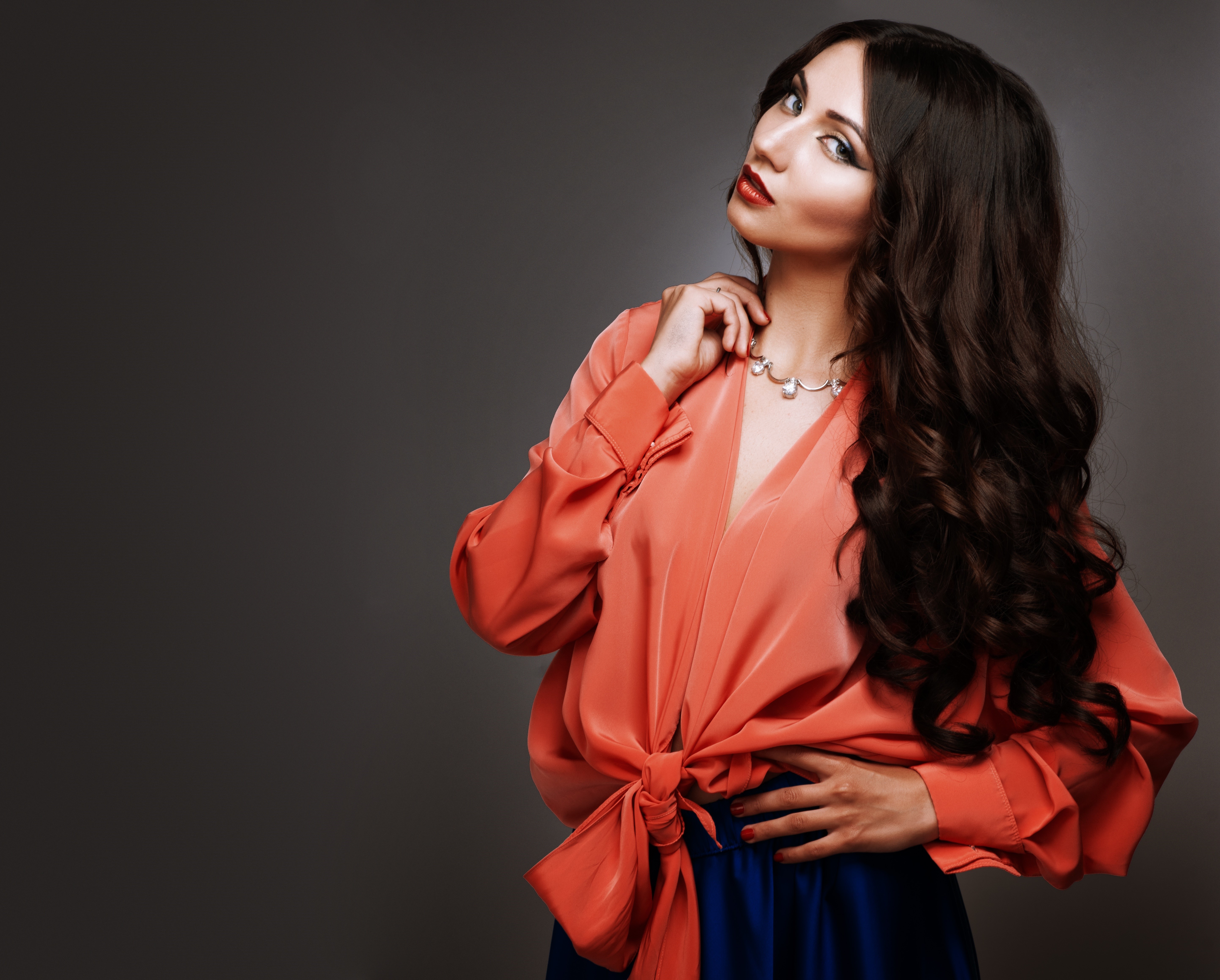 Brunette woman in blouse and skirt HD Wallpaper
