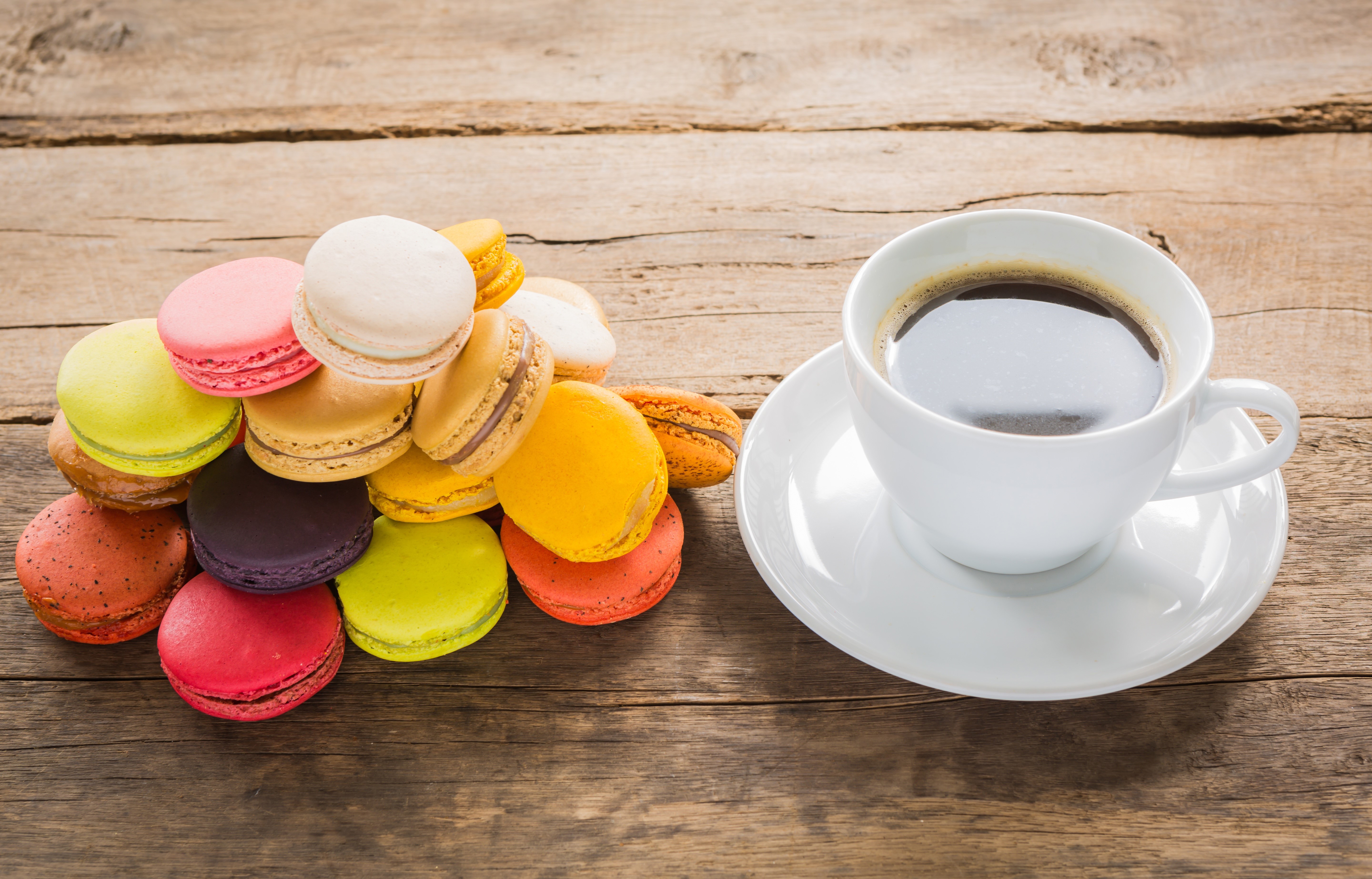 Multicolor Macarons and Coffee Cup HD Wallpaper