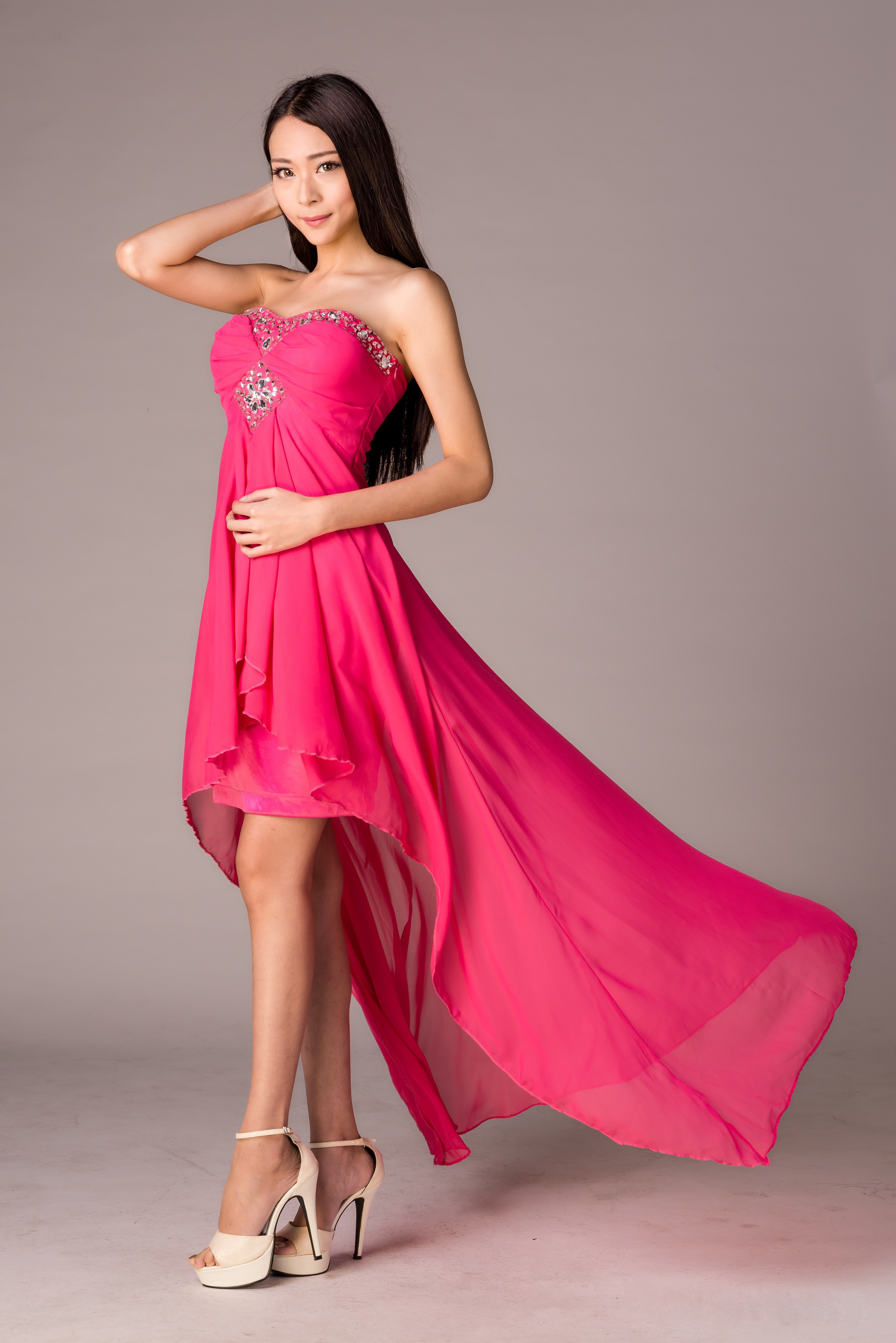 Asian woman in a pink strapless dress HD Phone Wallpaper