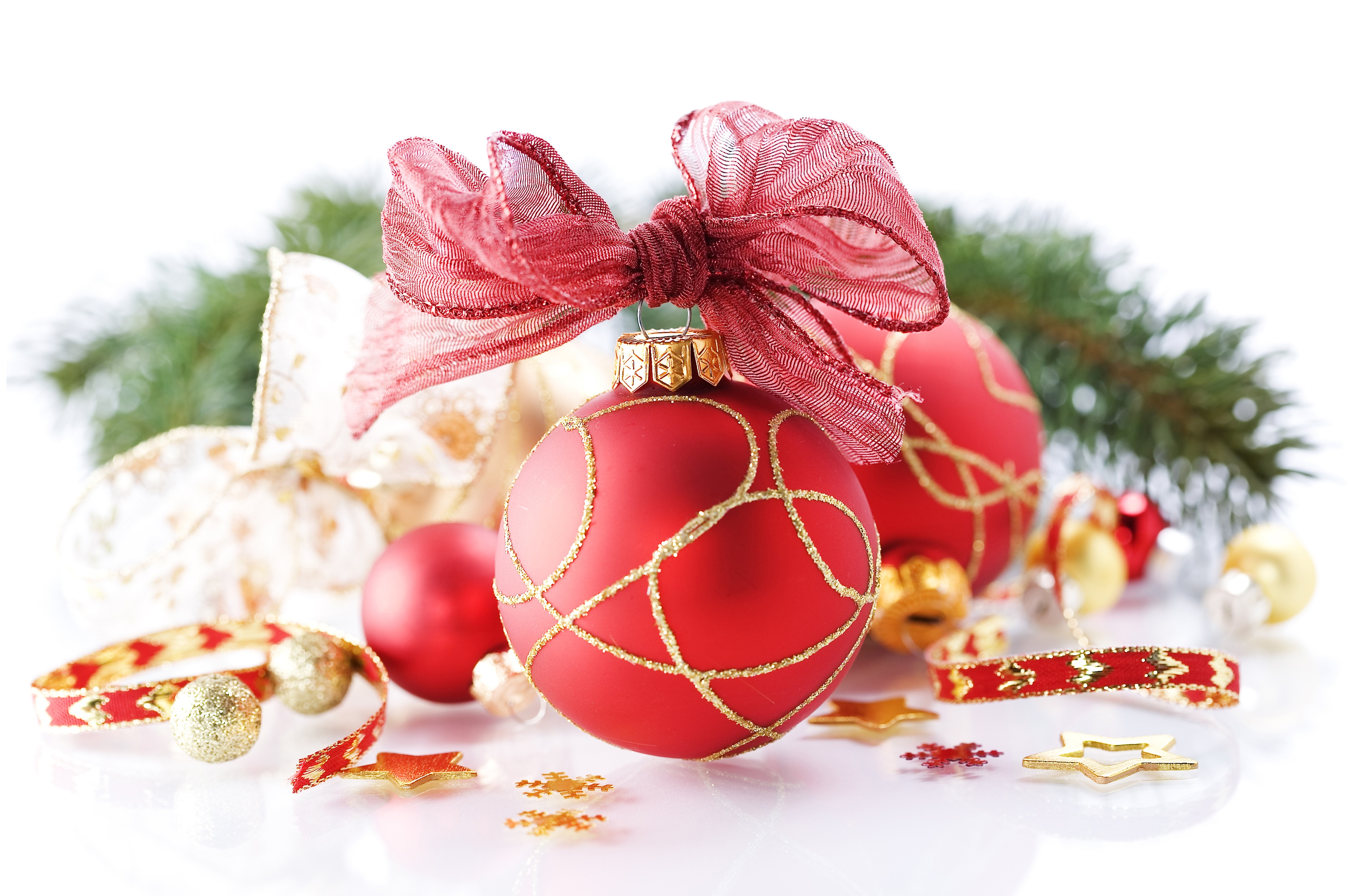 Christmas Ornaments with Red Bow and Pine Branches HD Wallpaper