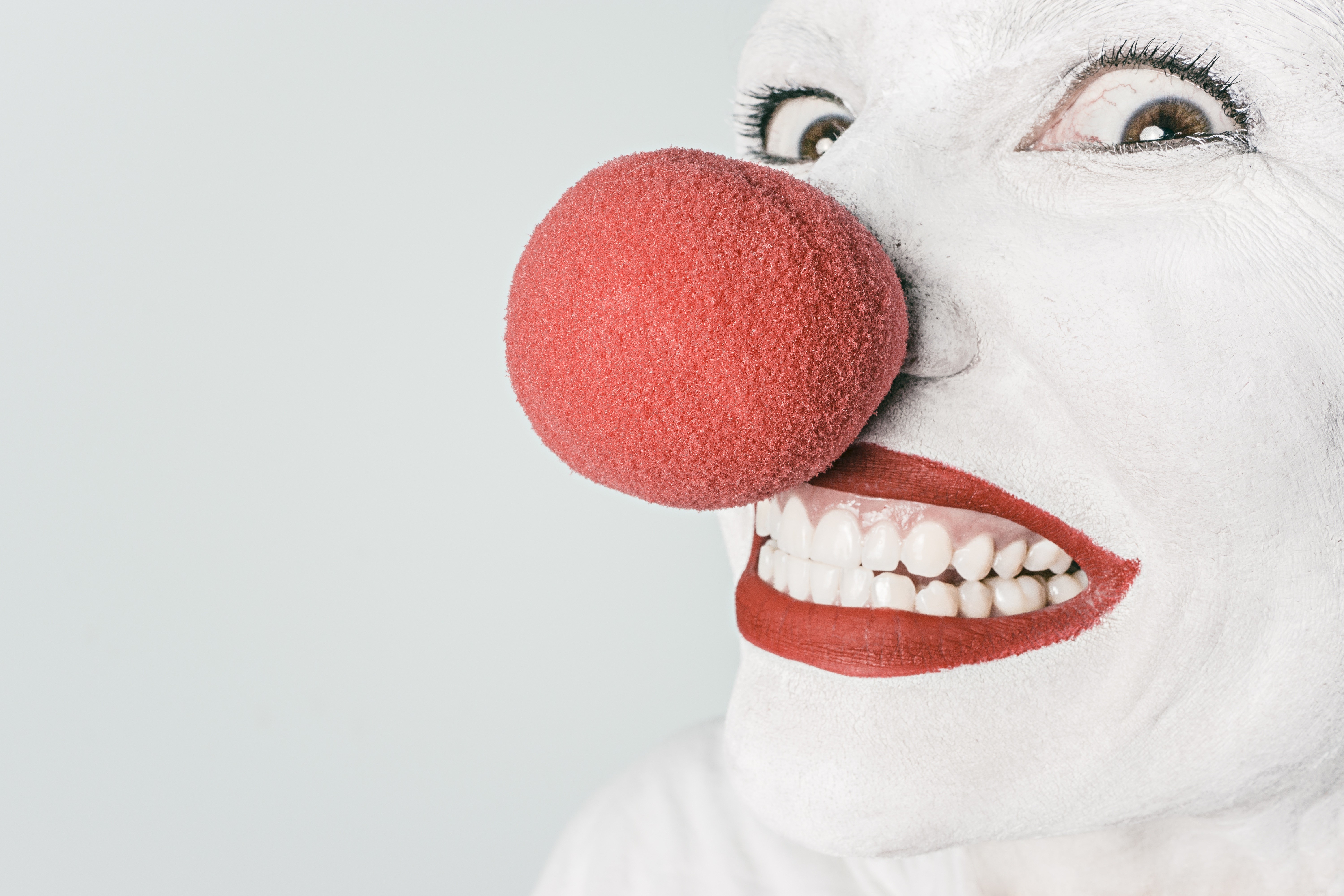 Close-up of a clown's face with red nose HD Wallpaper
