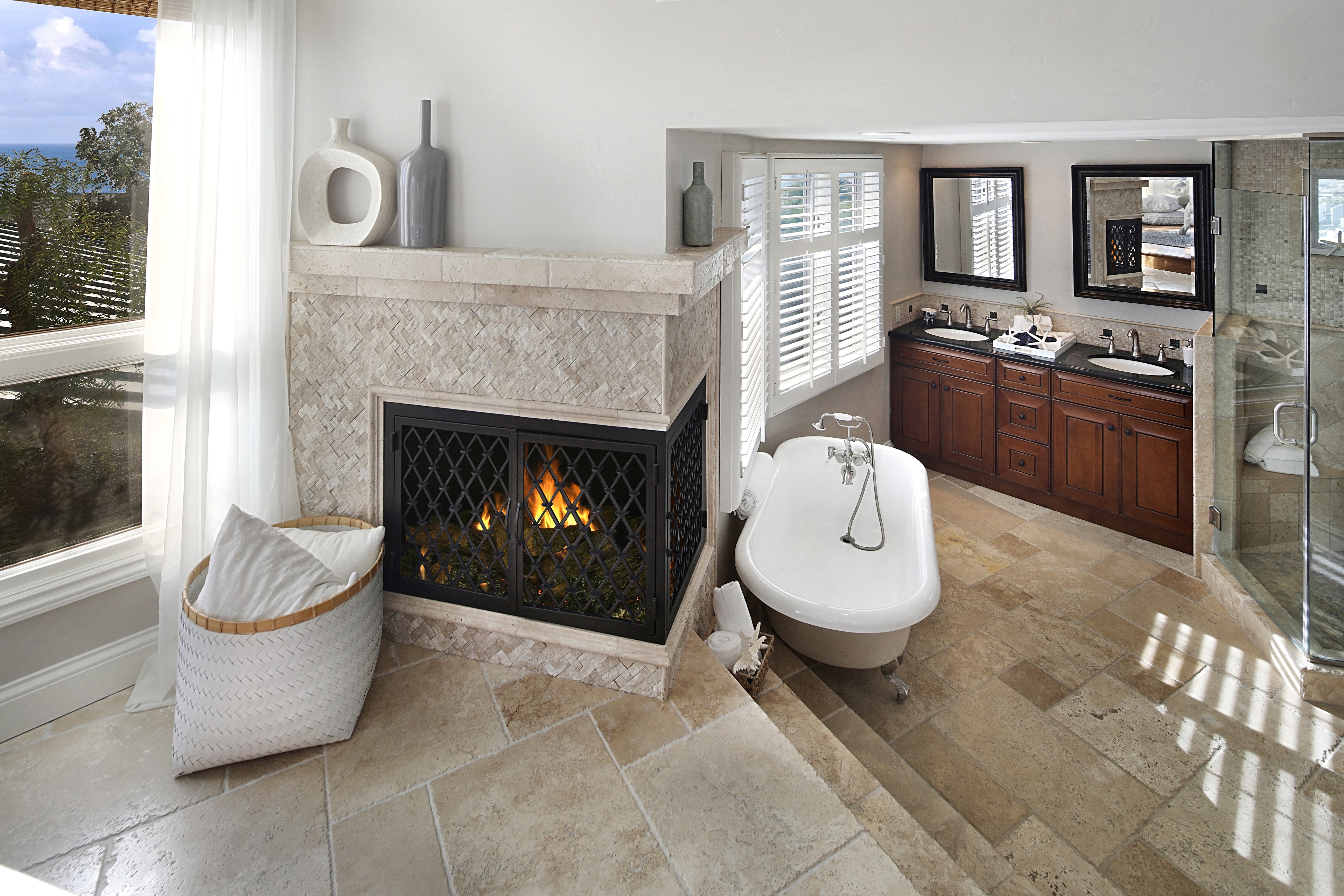 Bathroom with Fireplace and Bathtub HD Wallpaper