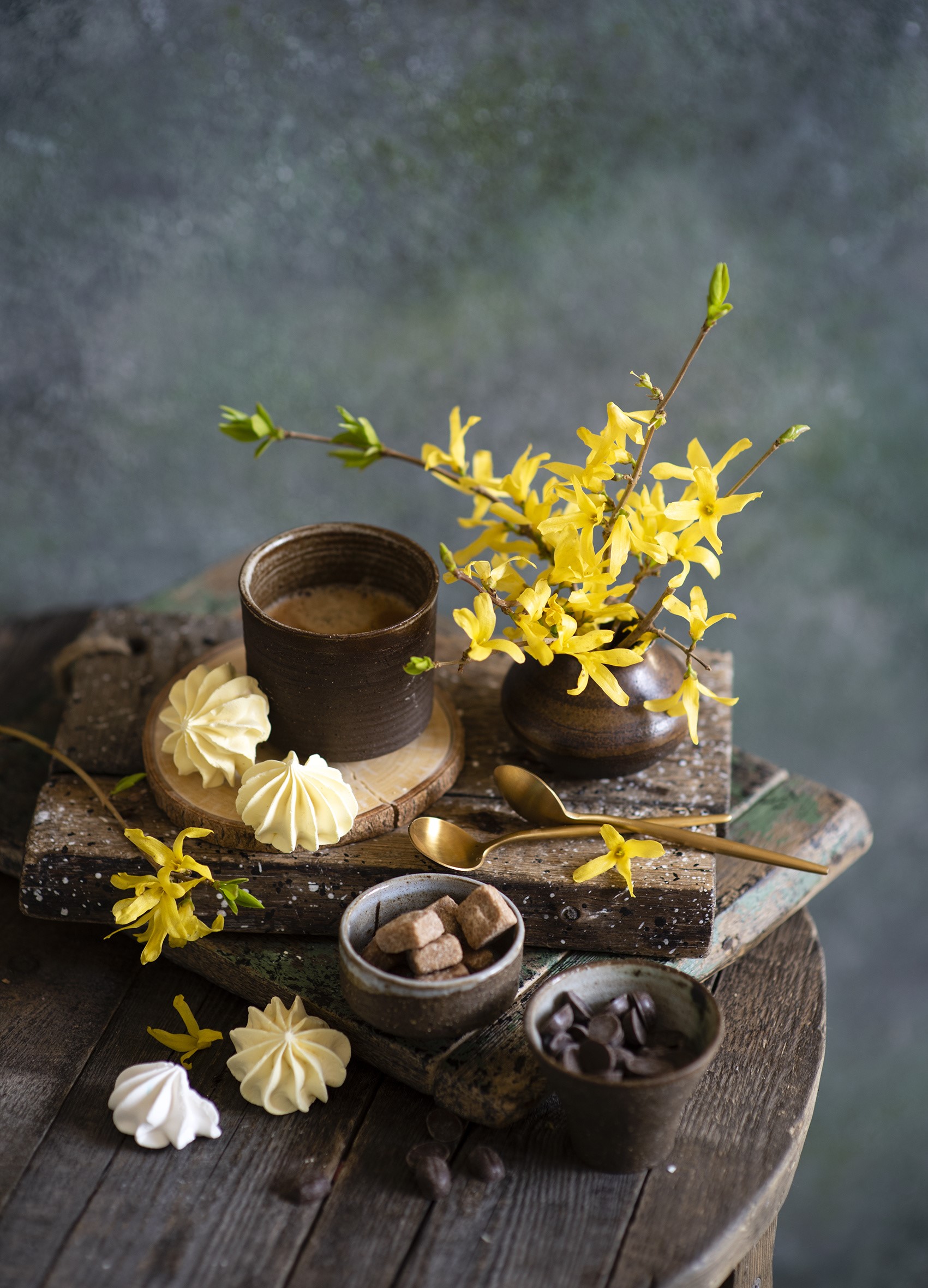Coffee with meringues and forsythia branches HD Phone Wallpaper