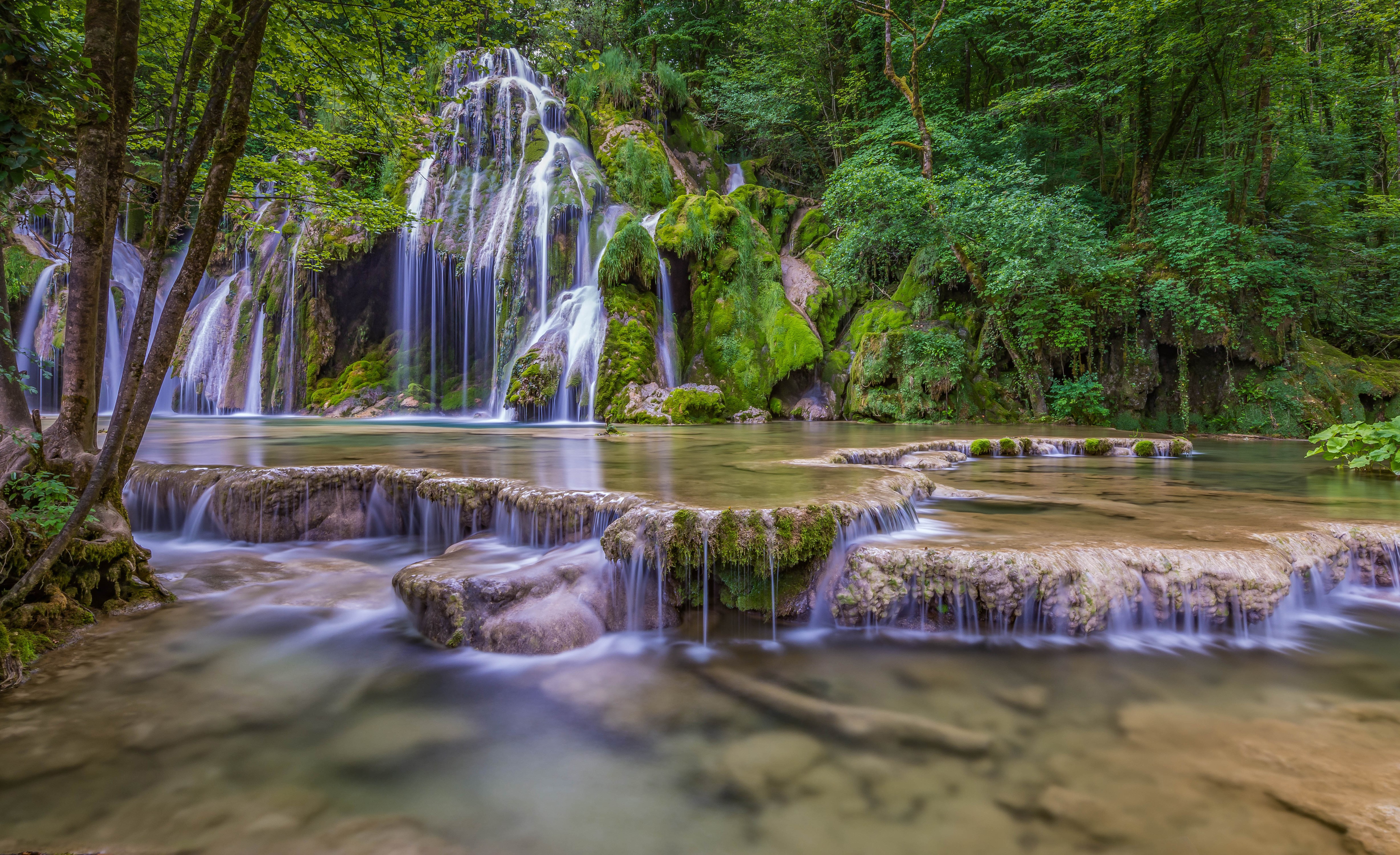 4K Natural Waterfalls with Moss and Trees HD Wallpaper