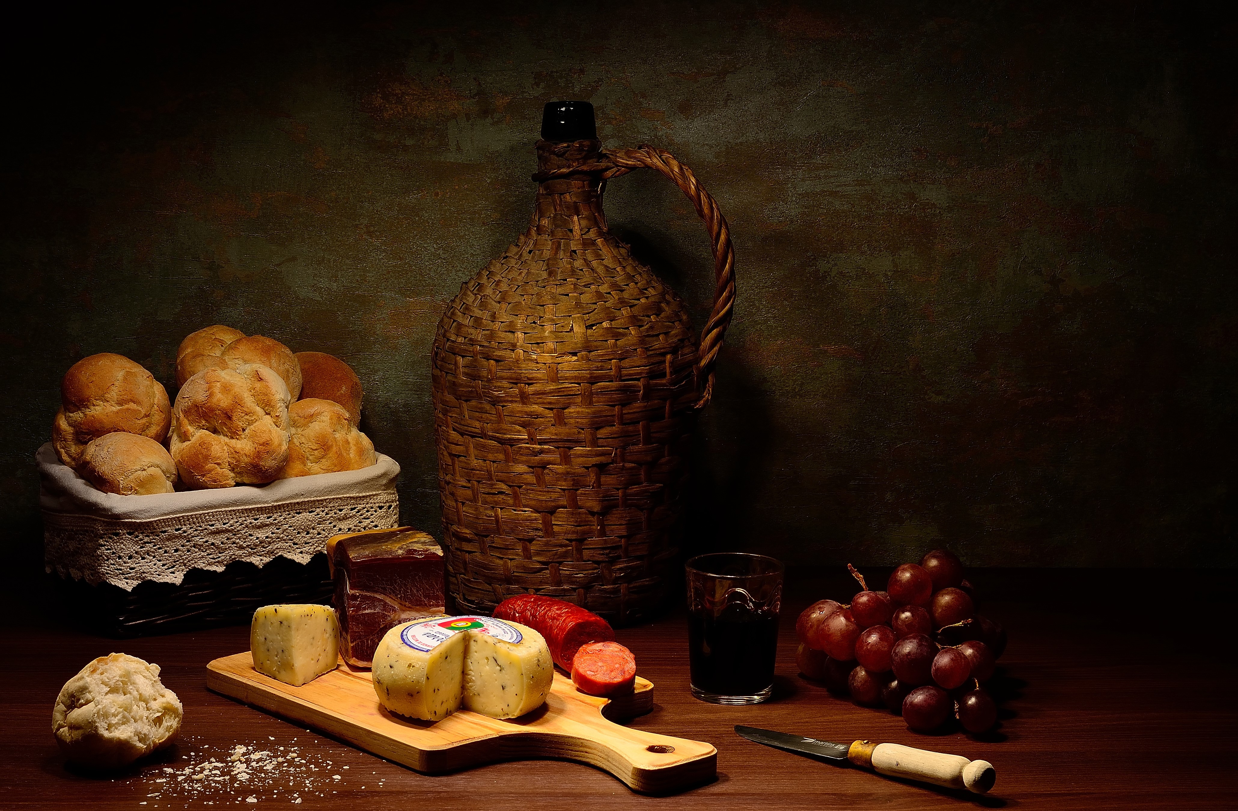 Still-life with Grapes, Cheese, Pastry, Sausage, Knife, Wine, Cutting board, Bottle, Highball glass HD Wallpaper
