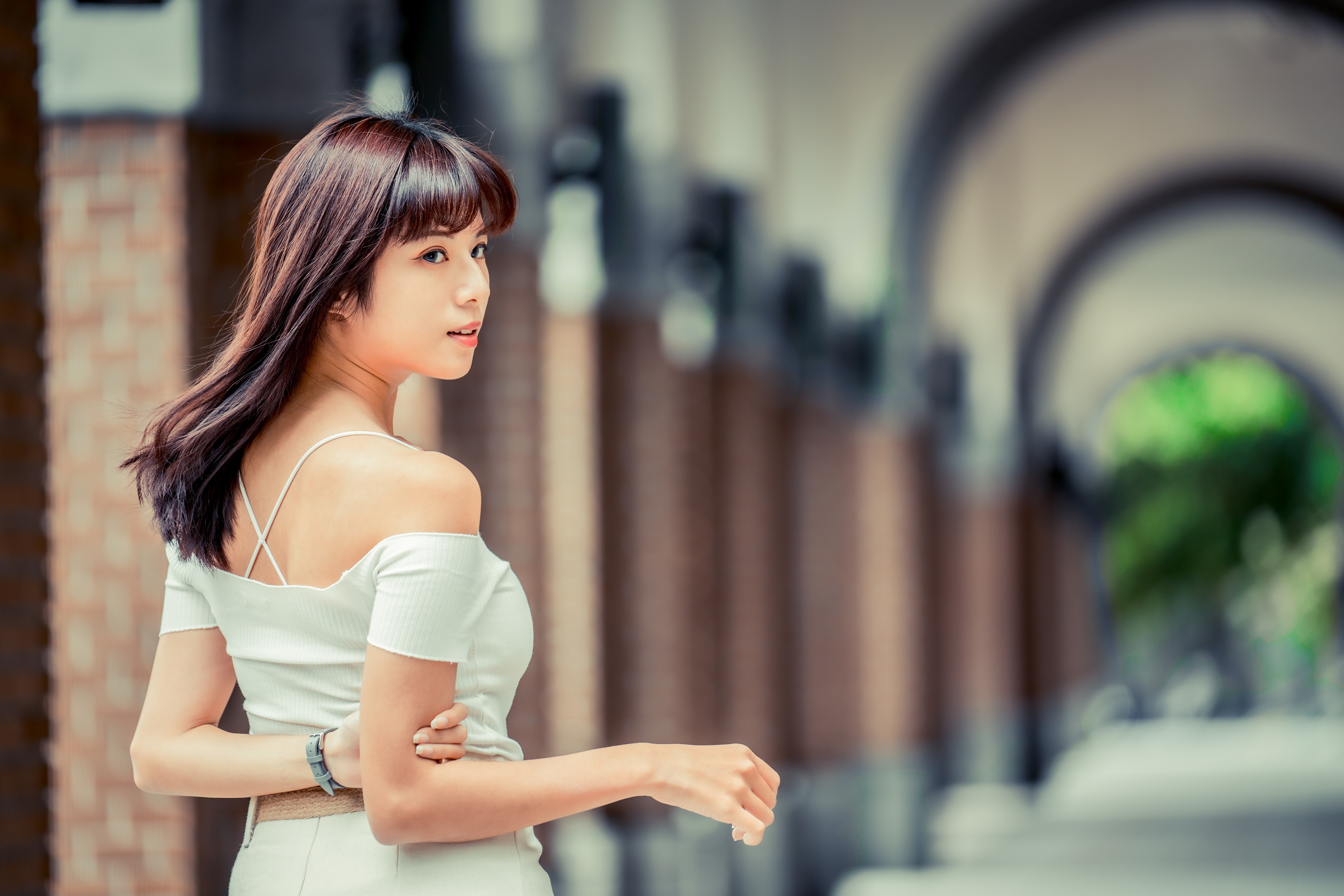 Asian woman in white off-shoulder top HD Wallpaper