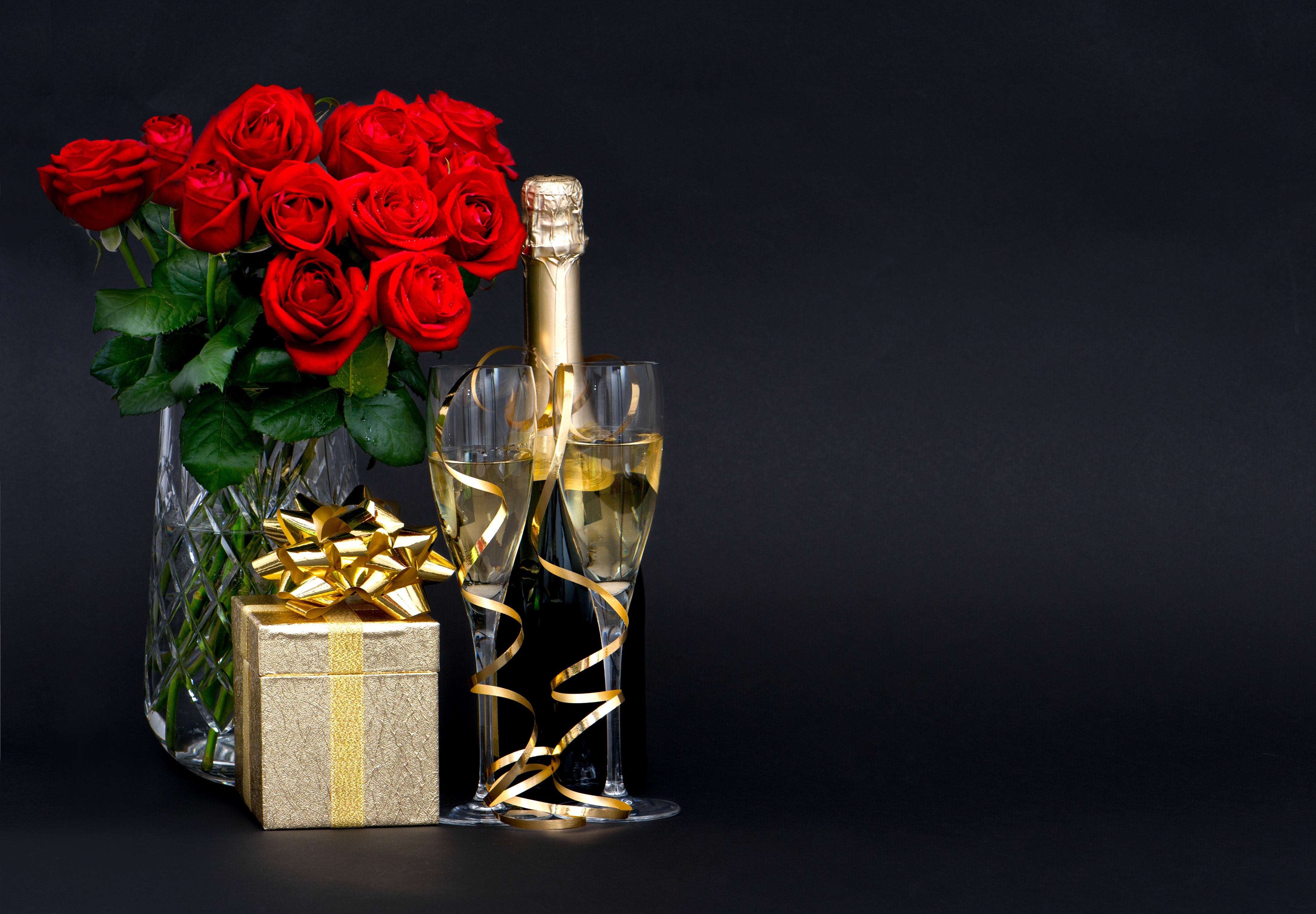 Champagne, Roses, Gift, and Glasses on Black Background HD Wallpaper