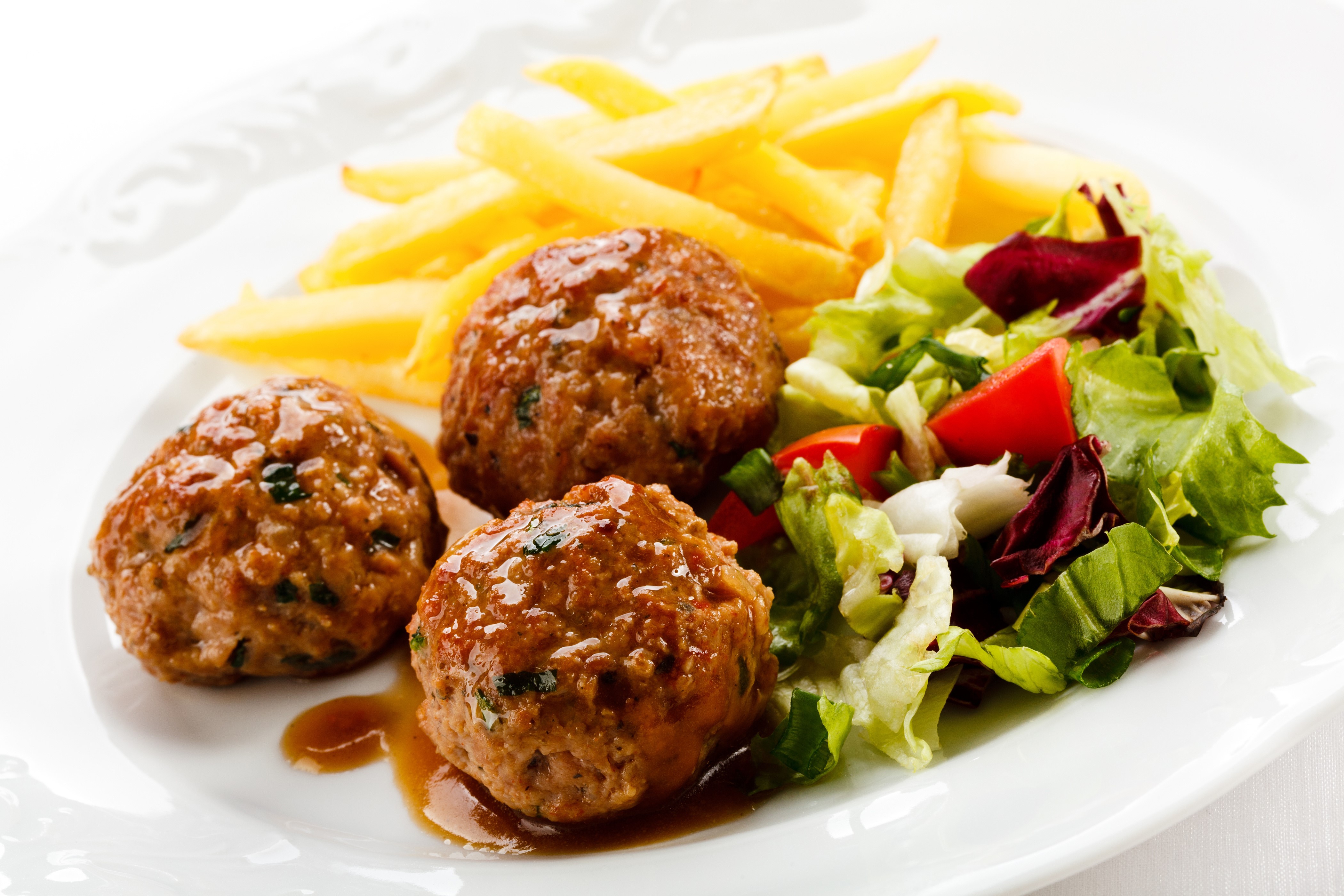 Three Frikadeller with Fries and Salad HD Wallpaper