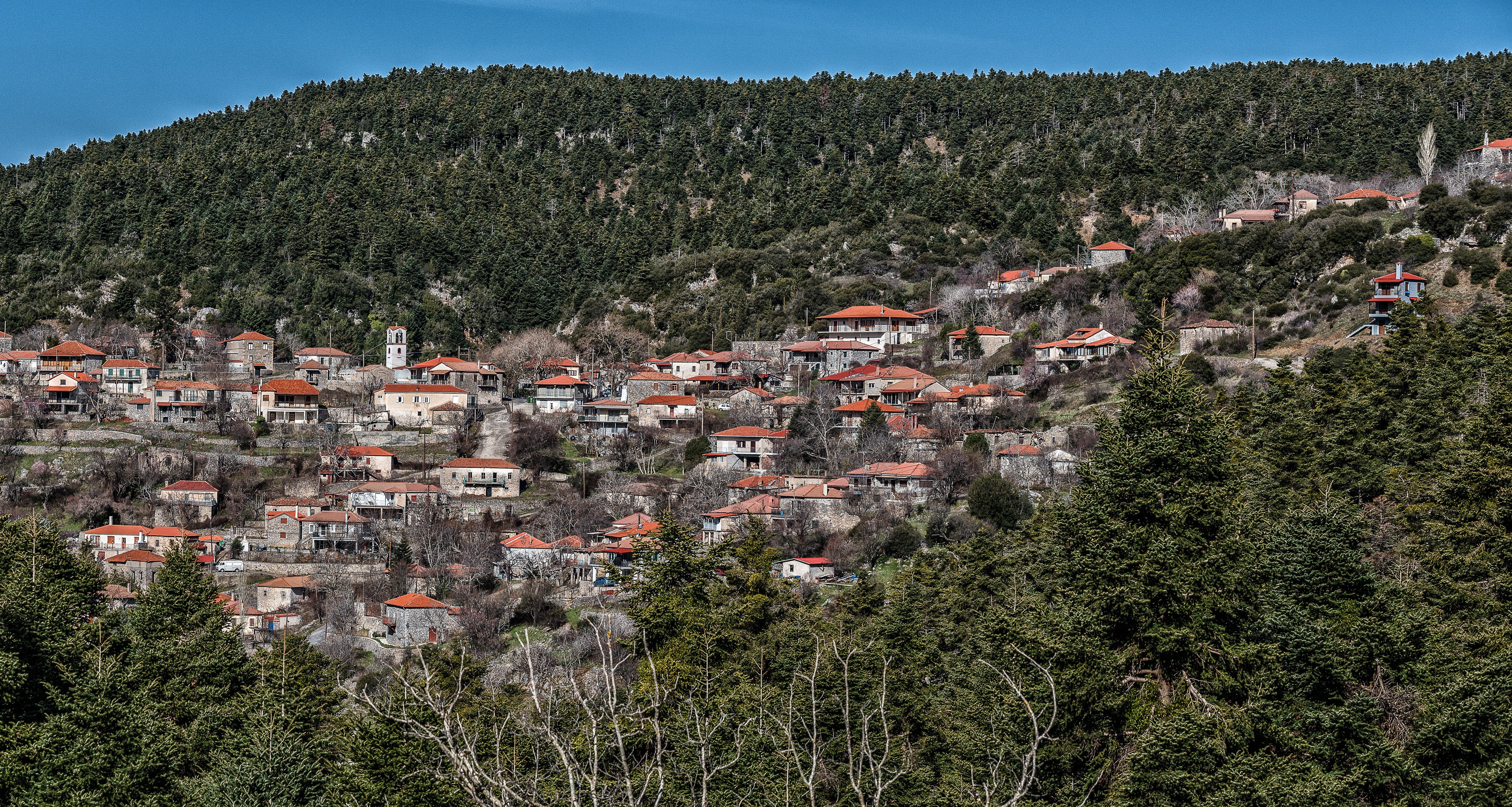 4K Roino Tripoli Greece Houses Forests Hill HD Wallpaper