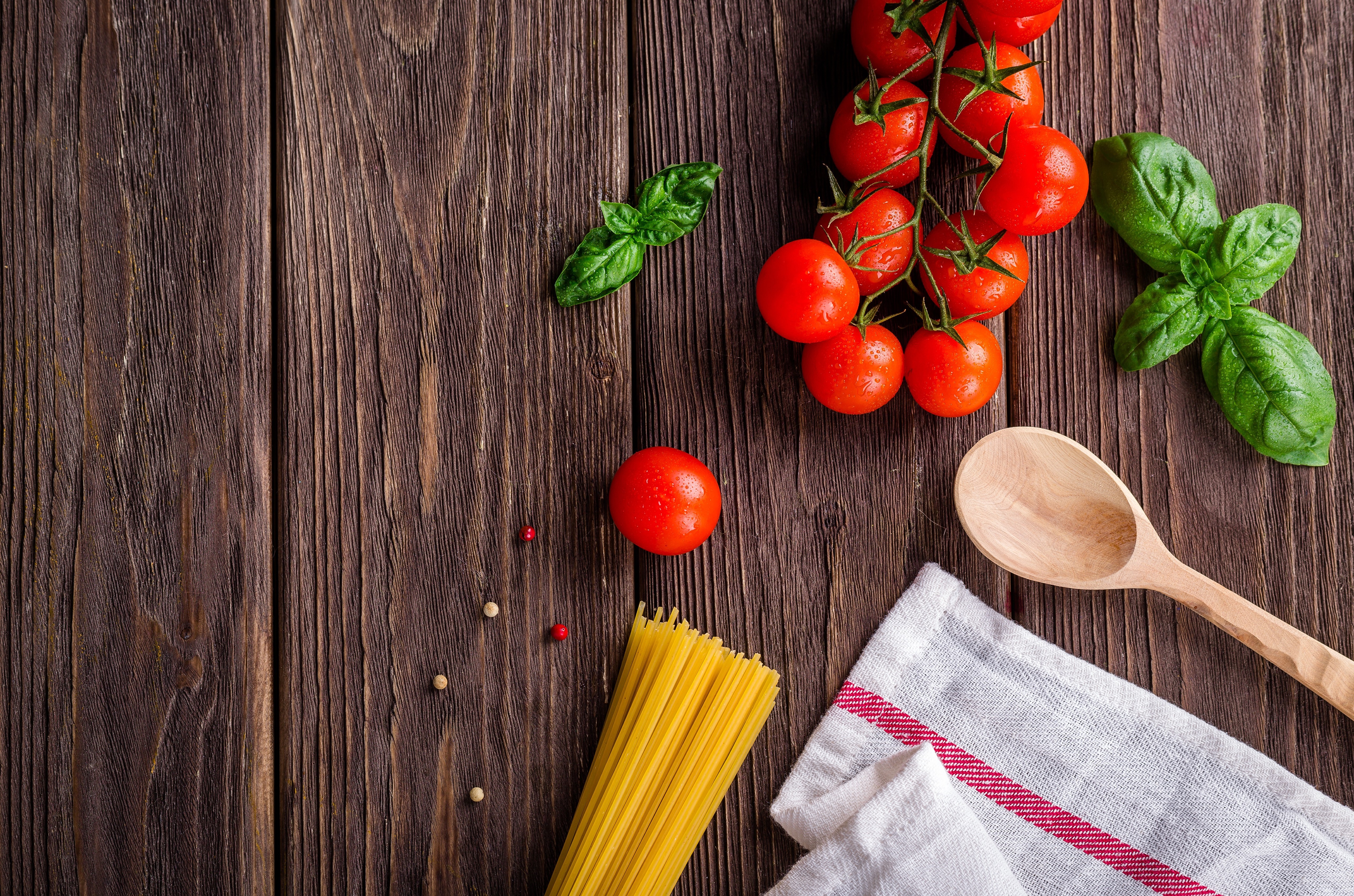 Tomatoes, Pasta, Spoon, and Basil on Wood HD Wallpaper