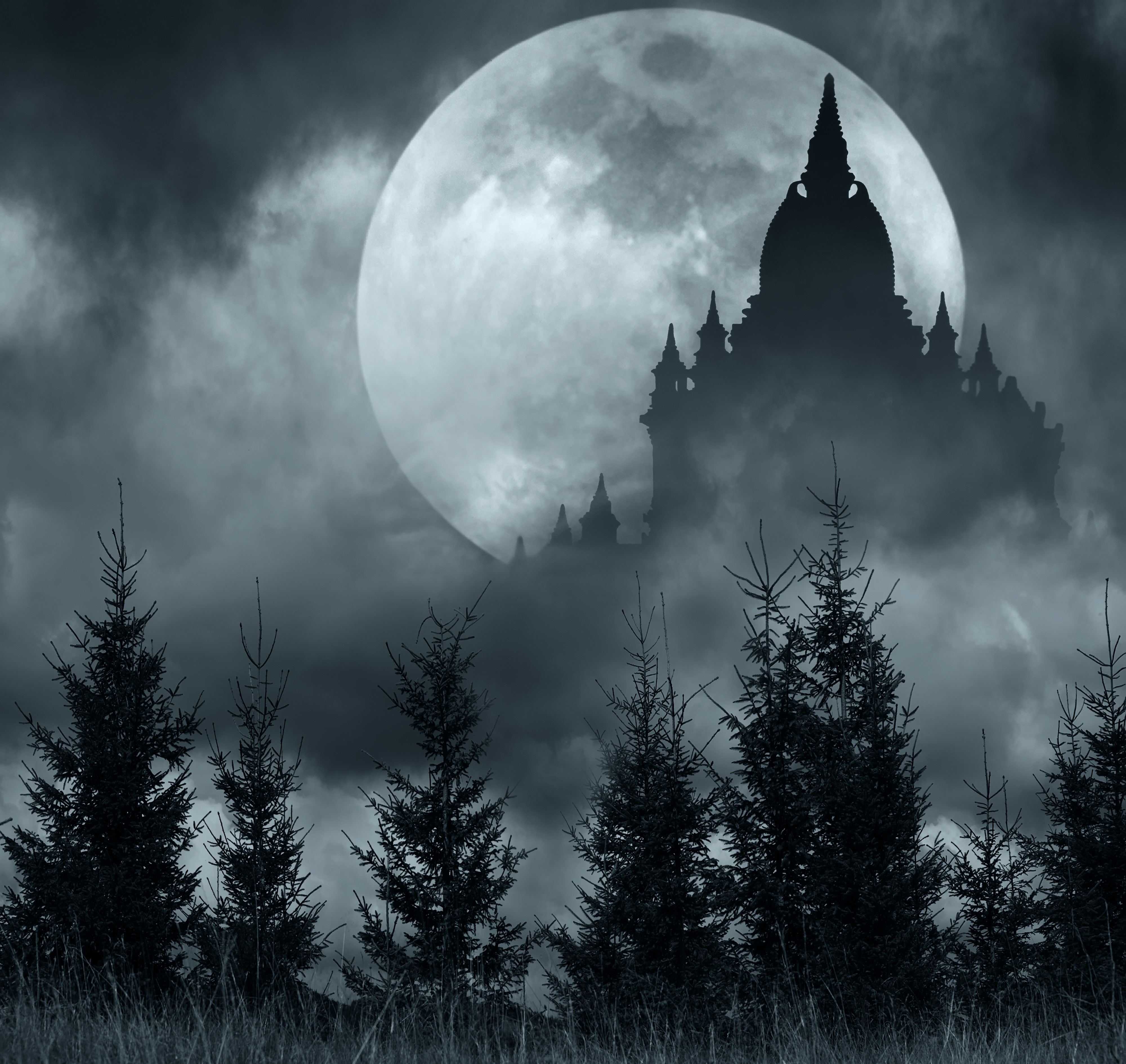 Temples silhouetted against a full moon at night HD Wallpaper