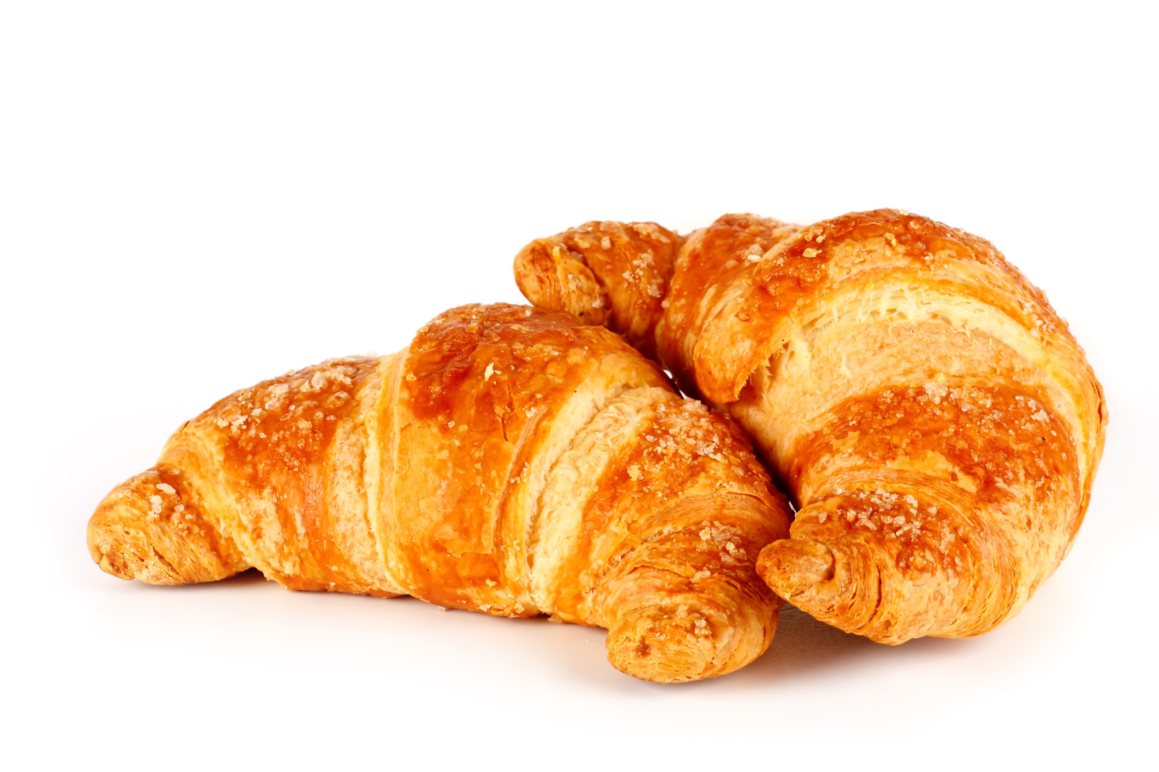 Two croissants with sugar on a white background HD Wallpaper