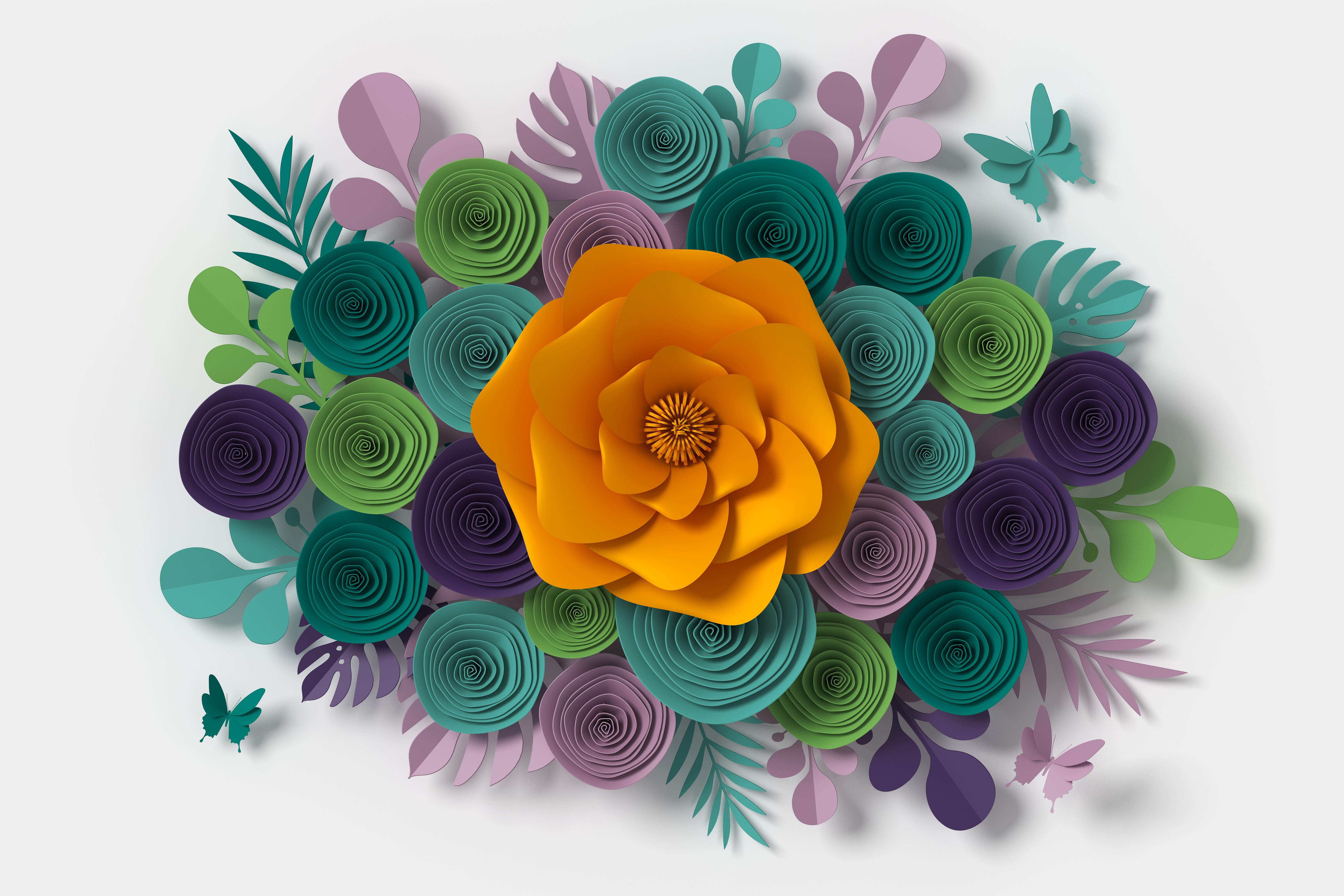 Paper Flower Arrangement with Butterflies HD Wallpaper