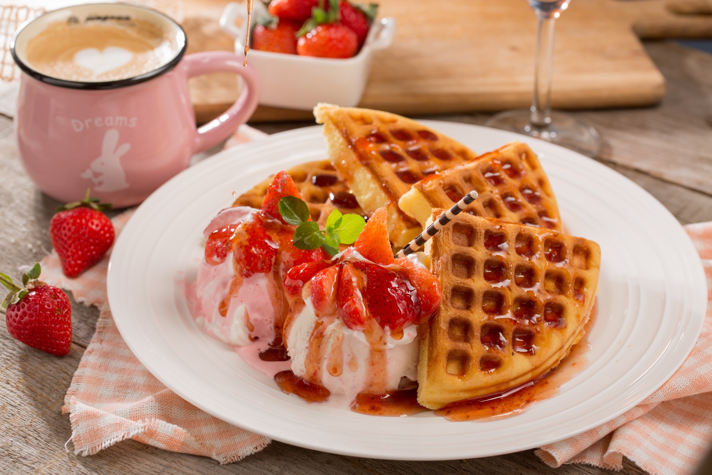 Waffles with ice cream and strawberries HD Wallpaper