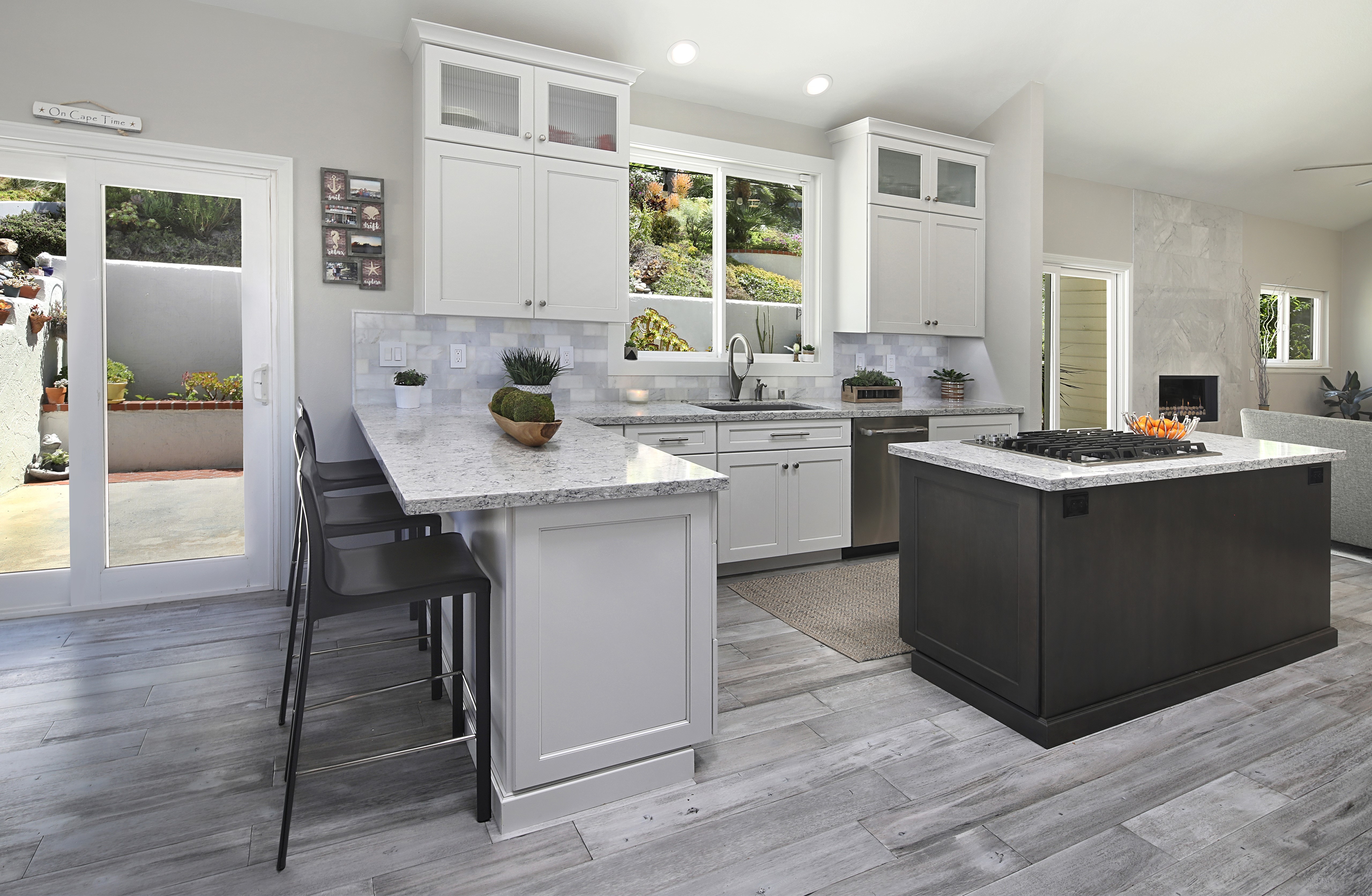 Kitchen with Island and Fireplace HD Wallpaper
