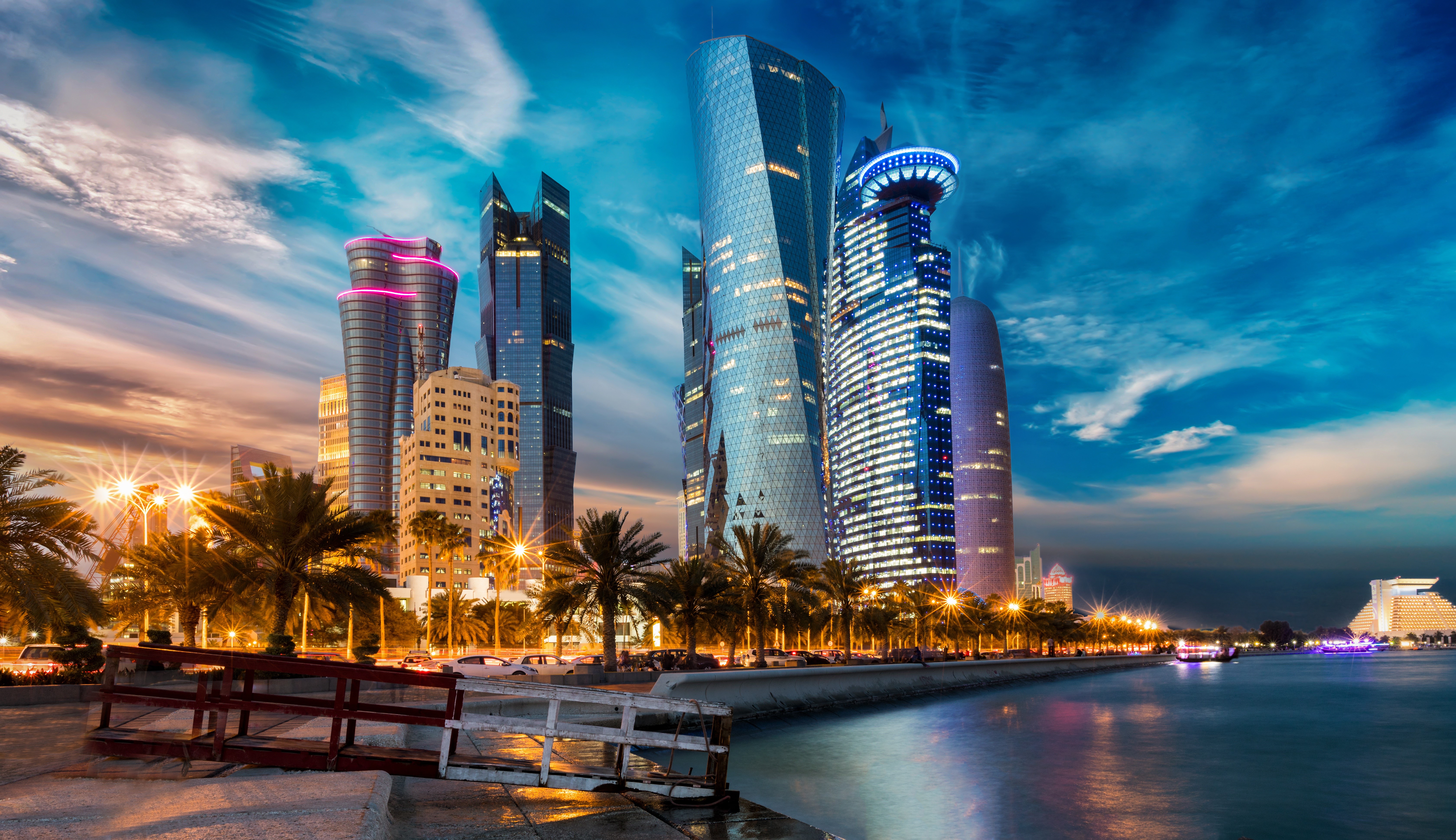 Doha, Qatar Skyscrapers at Dusk Waterfront HD Wallpaper
