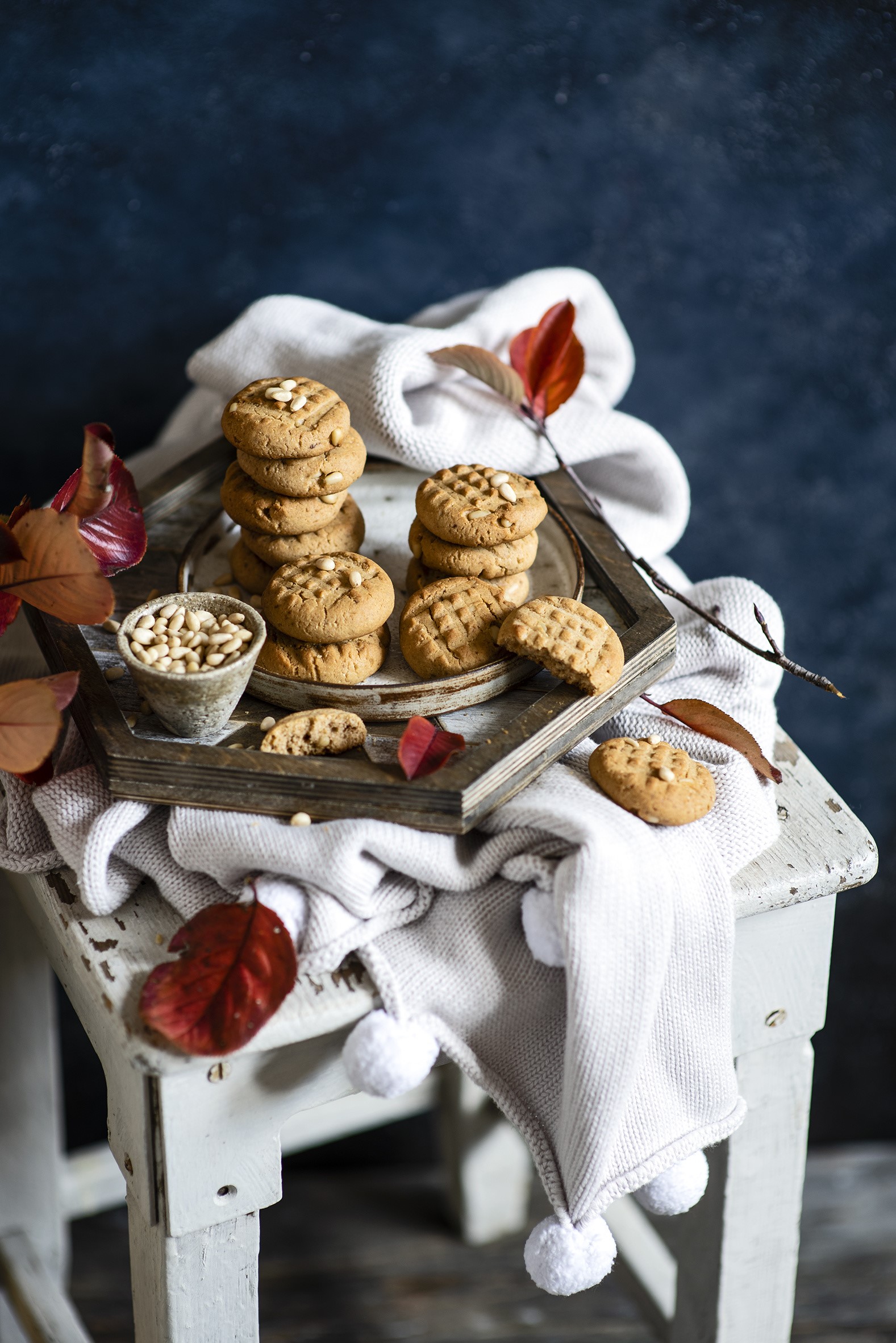 Peanut butter cookies with pine nuts on a tray HD Phone Wallpaper