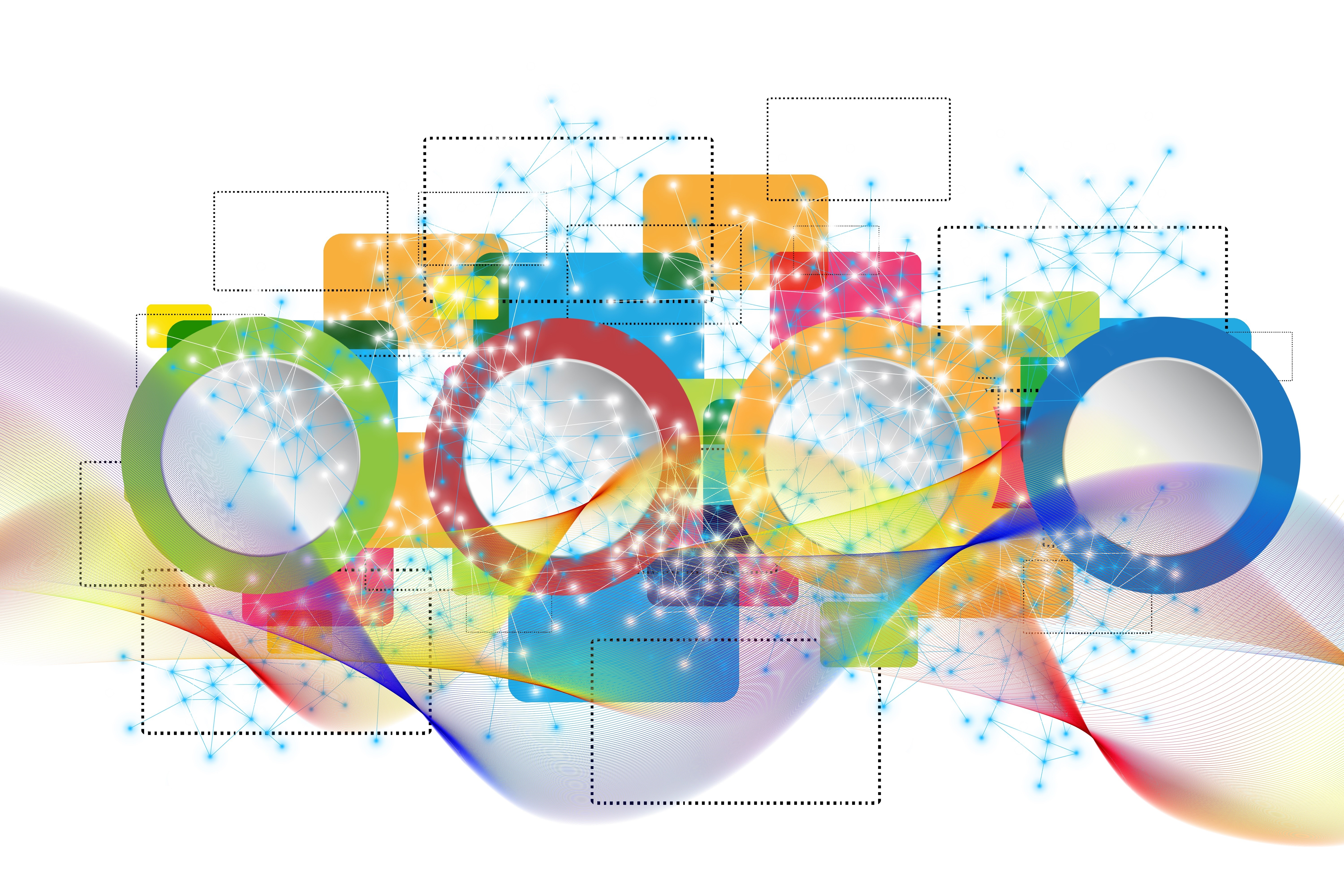 Multicolor abstract circles and squares with network connections HD Wallpaper